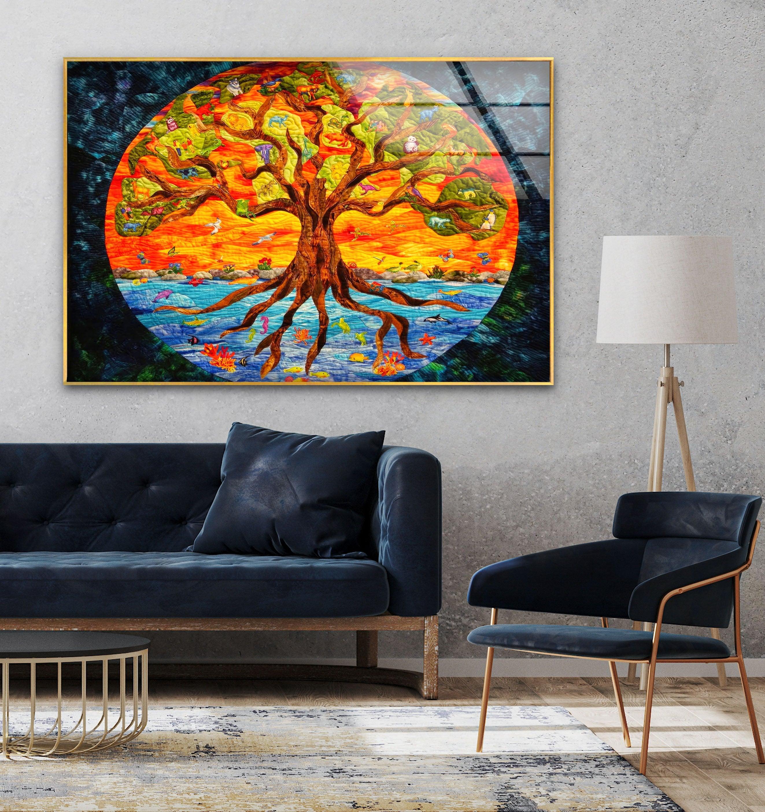 Big Tree of Life Glass Wall Art - Handmade Stained Glass Window Decor for Living Room, Bedroom & Office - Spiritual Home Decor Gift