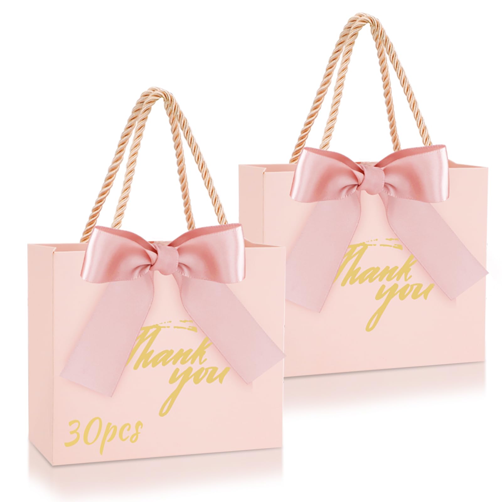 SHAIDOJIO 30-Pack Small Pink Thank You Gift Bags with Handle & Bow Ribbon - 5.5x2.5x4.7 Inch Mini Party Favor Bags for Candy, Wedding Favors, Birthday, Bridal Shower & Baby Shower - Perfect for Party Decorations, Gift Wrapping & Special Occasions