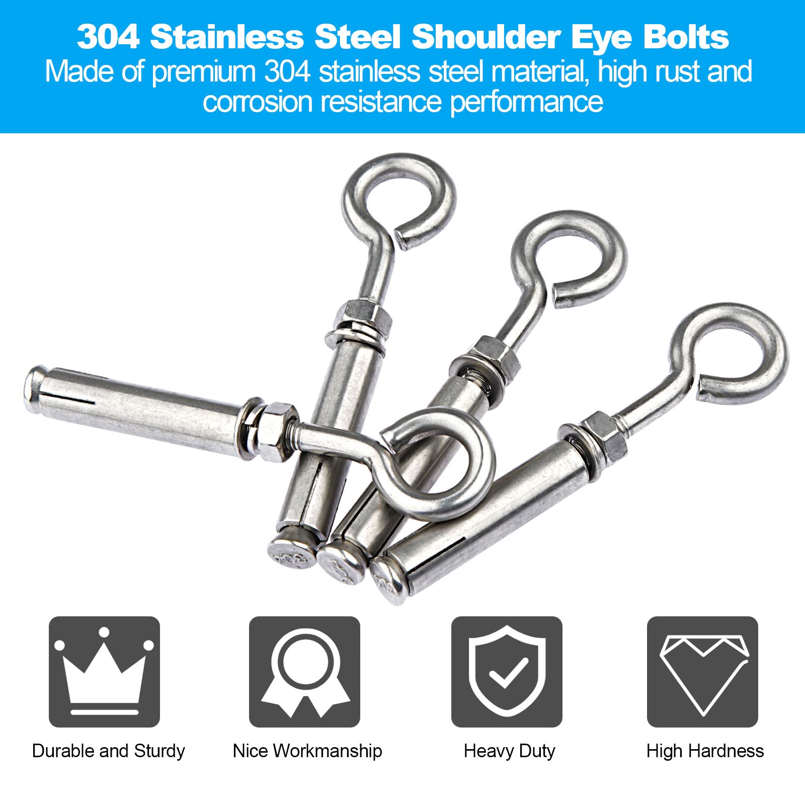 Heavy Duty M6 Shoulder Eye Bolts - Stainless Steel Wall Anchors for Concrete & Masonry - 10pcs (Ceiling & Wall Mounting)