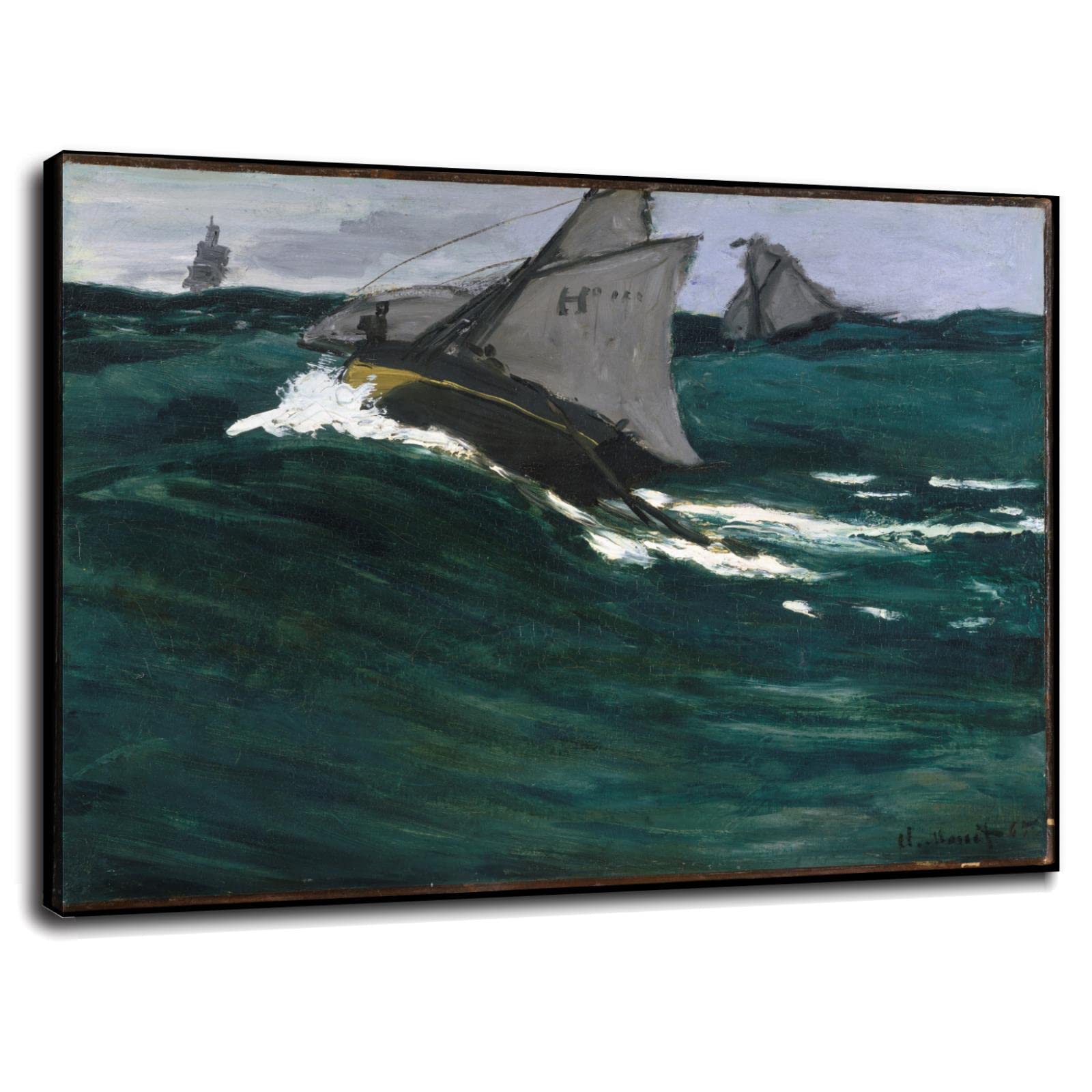 Claude Monet The Green Wave Art Print - 32x24 Inch Framed Canvas Wall Art for Living Room, Bedroom & Office Decor - Famous Impressionist Painting Reproduction