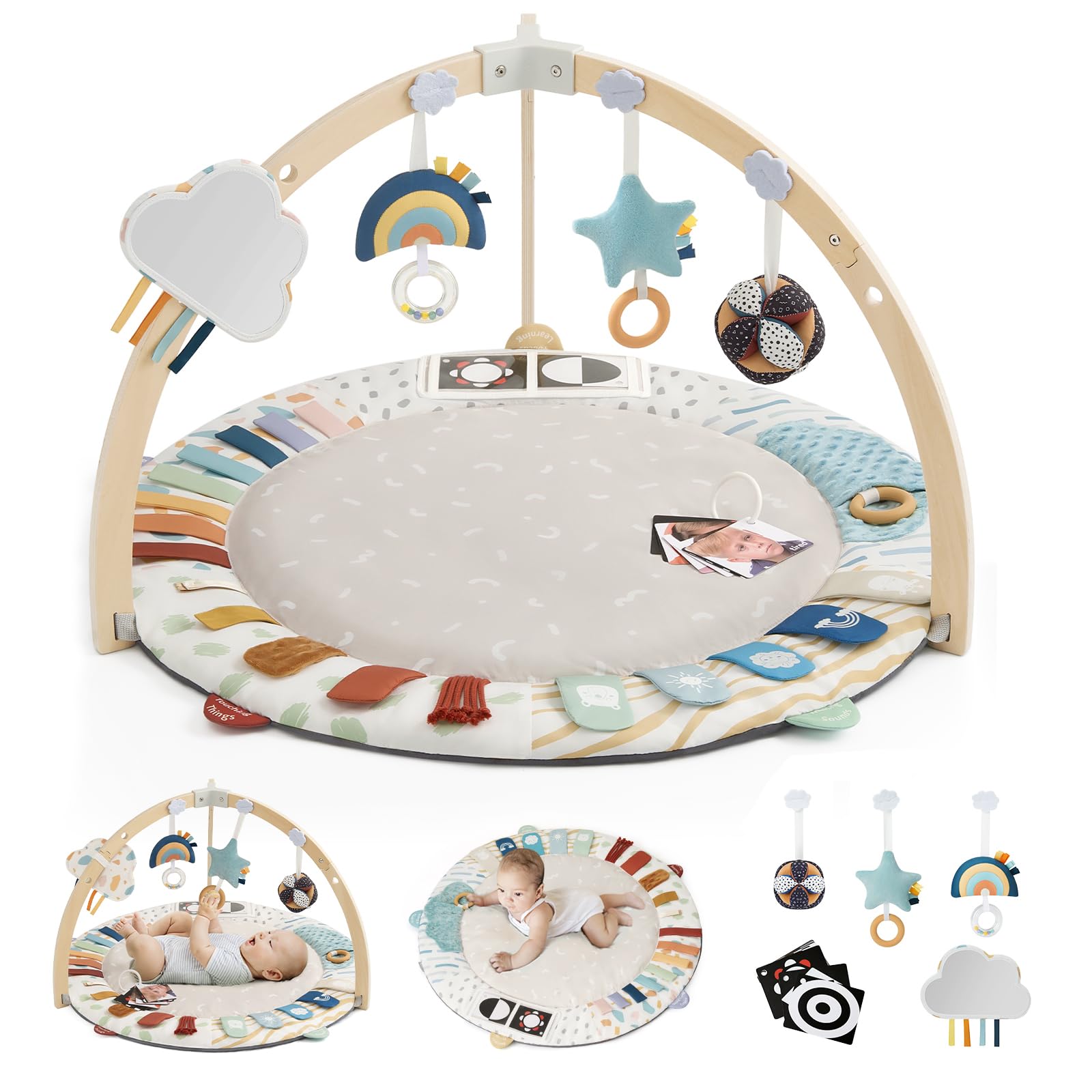 Blissful Diary Baby Play Gym & Activity Mat - 5 Developmental Zones Wooden Tummy Time Mat with 6 Detachable Sensory Toys for Infant Motor Skills & Sensory Development | Newborn Essentials, Baby Shower Gift for Boys & Girls | Perfect for Nursery, Playtime & Learning Activities