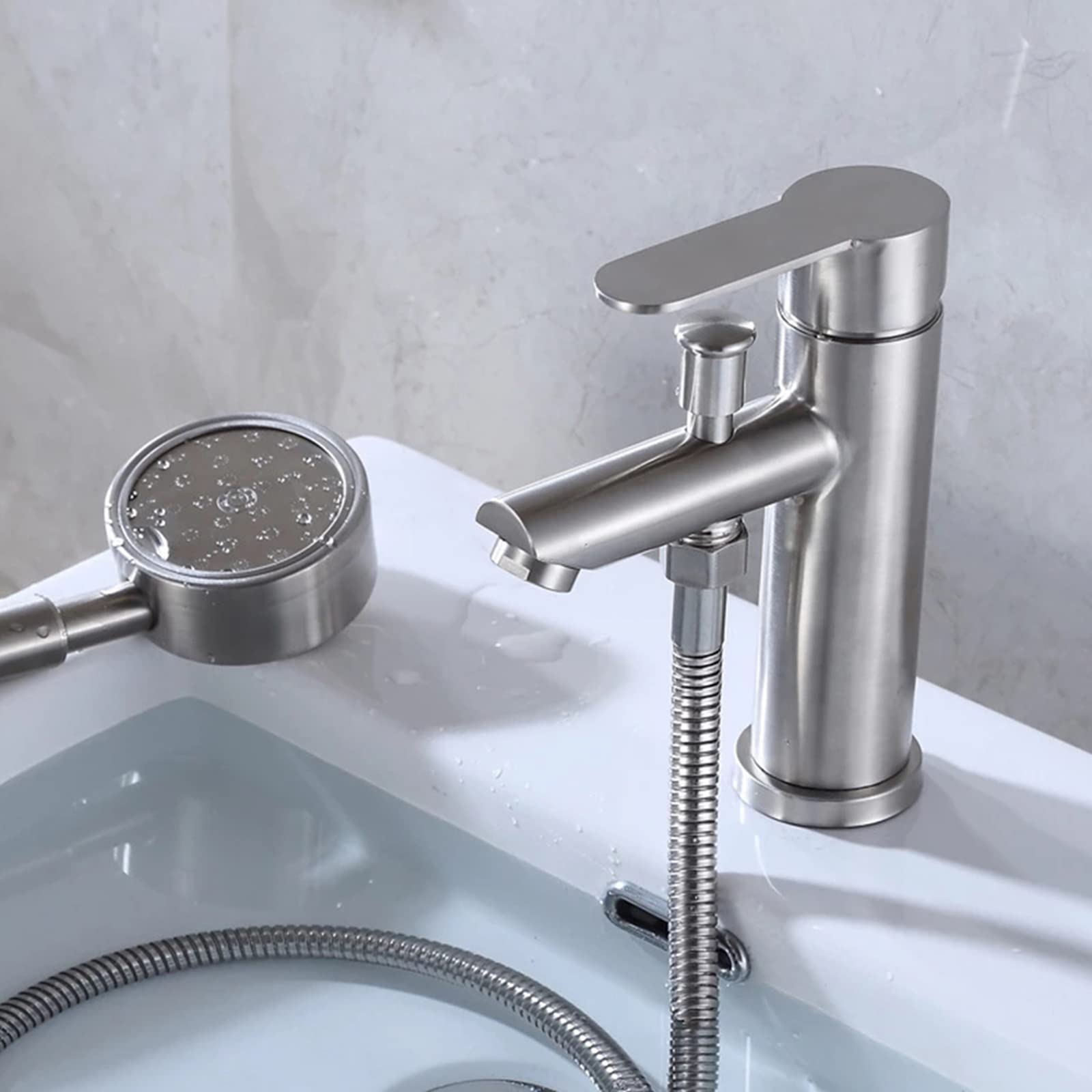 304 Stainless Steel Brushed Single Hole Bathroom Faucet with Handheld Shower Head - Single Handle Hot and Cold Mixer Tap for Bathroom Sink - Perfect for Modern Home, Apartment, and Hotel Renovations