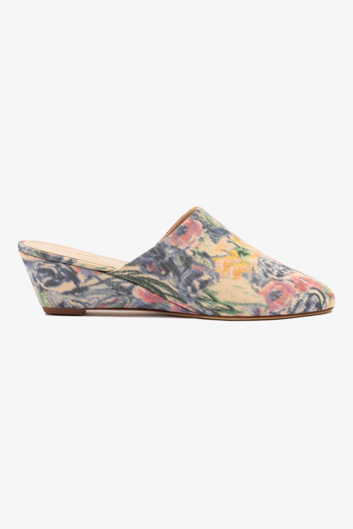 Larroudé x Markarian Venice Wedge Sandals in Ash Blue Floral Demetra - Stylish Summer Wedges for Beach, Vacation, and Casual Outings