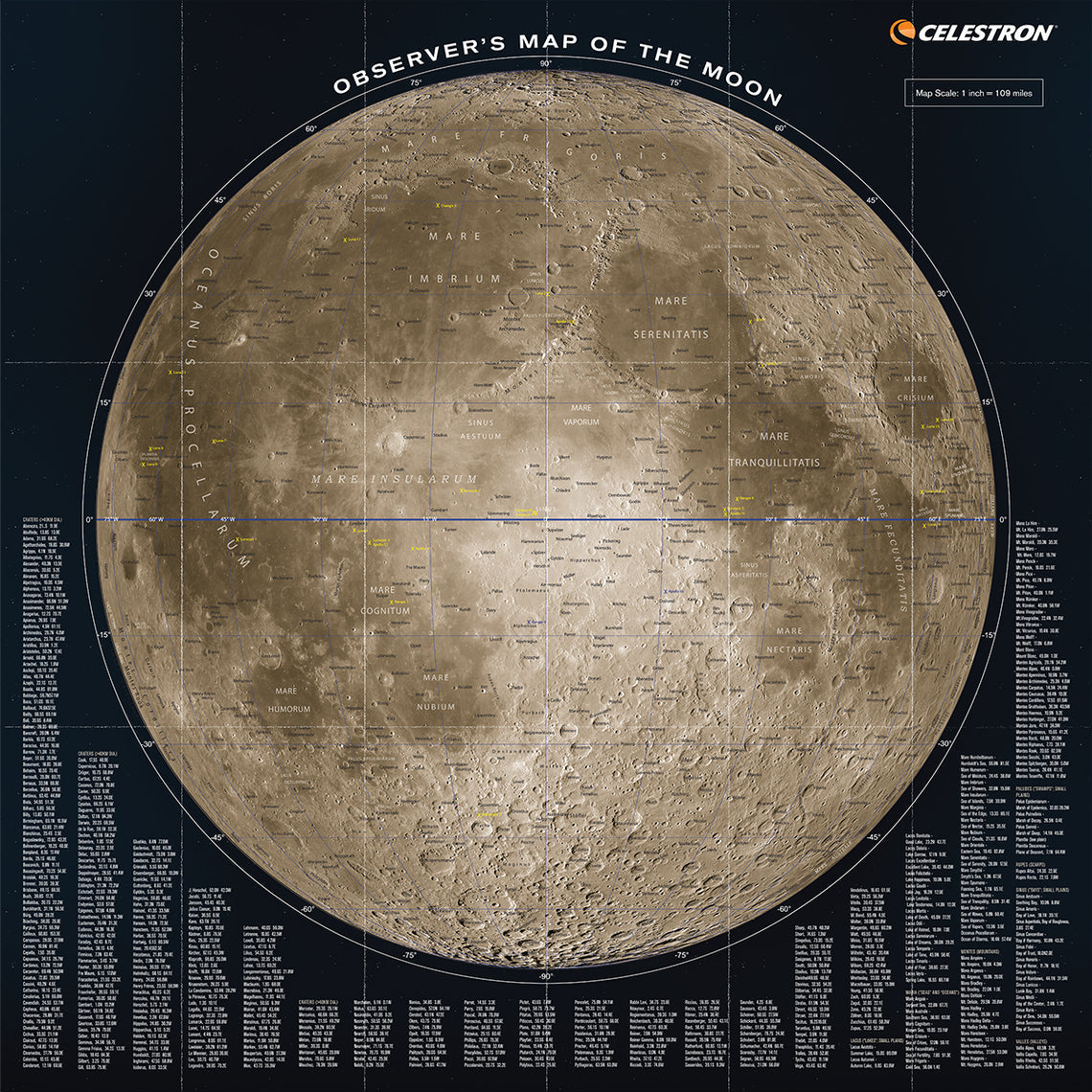 Observer's Map of the Moon - Detailed Lunar Surface Guide for Astronomy Enthusiasts - Perfect for Stargazing, Telescope Observation & Space Exploration Study