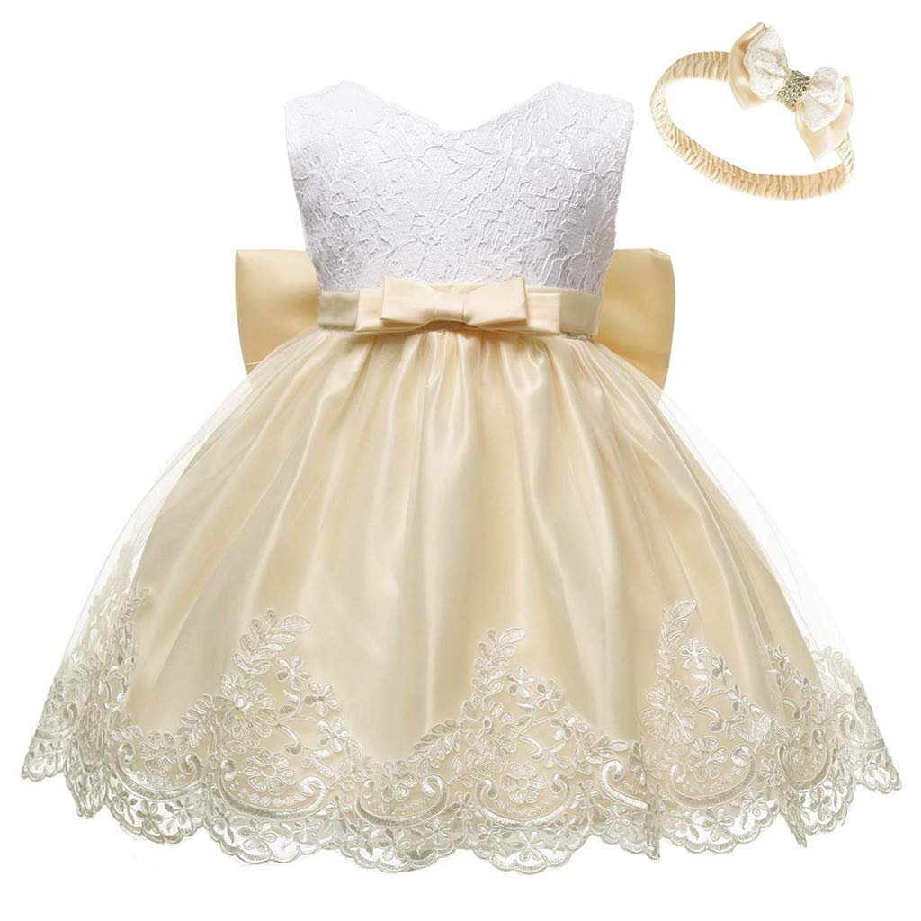Baby Girls' Flower Pageant Formal Dress - Tulle Lace Bowknot Baptism & Birthday Gown with Headwear - Perfect for Christening, First Communion & Special Occasions