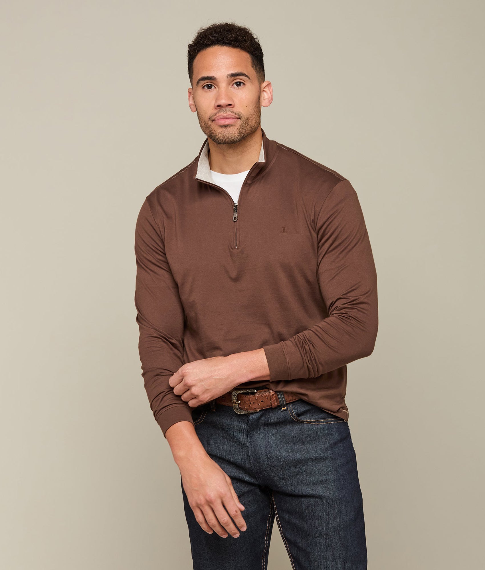Lucchese Men's Pima Cotton Quarter Zip Pullover Sweater - Soft & Breathable Brown Knit Top for Casual & Business Wear | Perfect for Office, Travel & Outdoor Activities