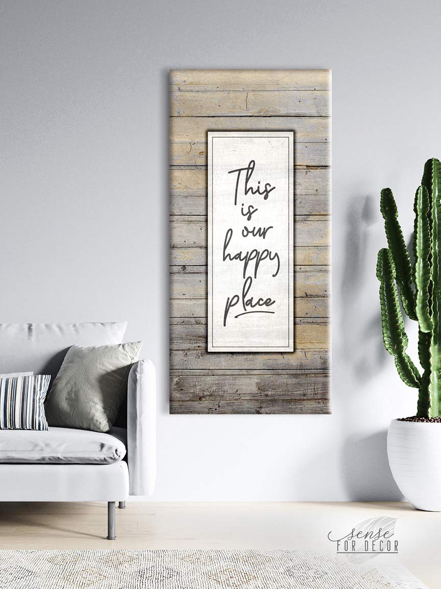 Happy Place V16 Wooden Framed Canvas Wall Art - Ready to Hang Home Decor in Cream Grey | Perfect for Living Room, Bedroom & Office Decorations