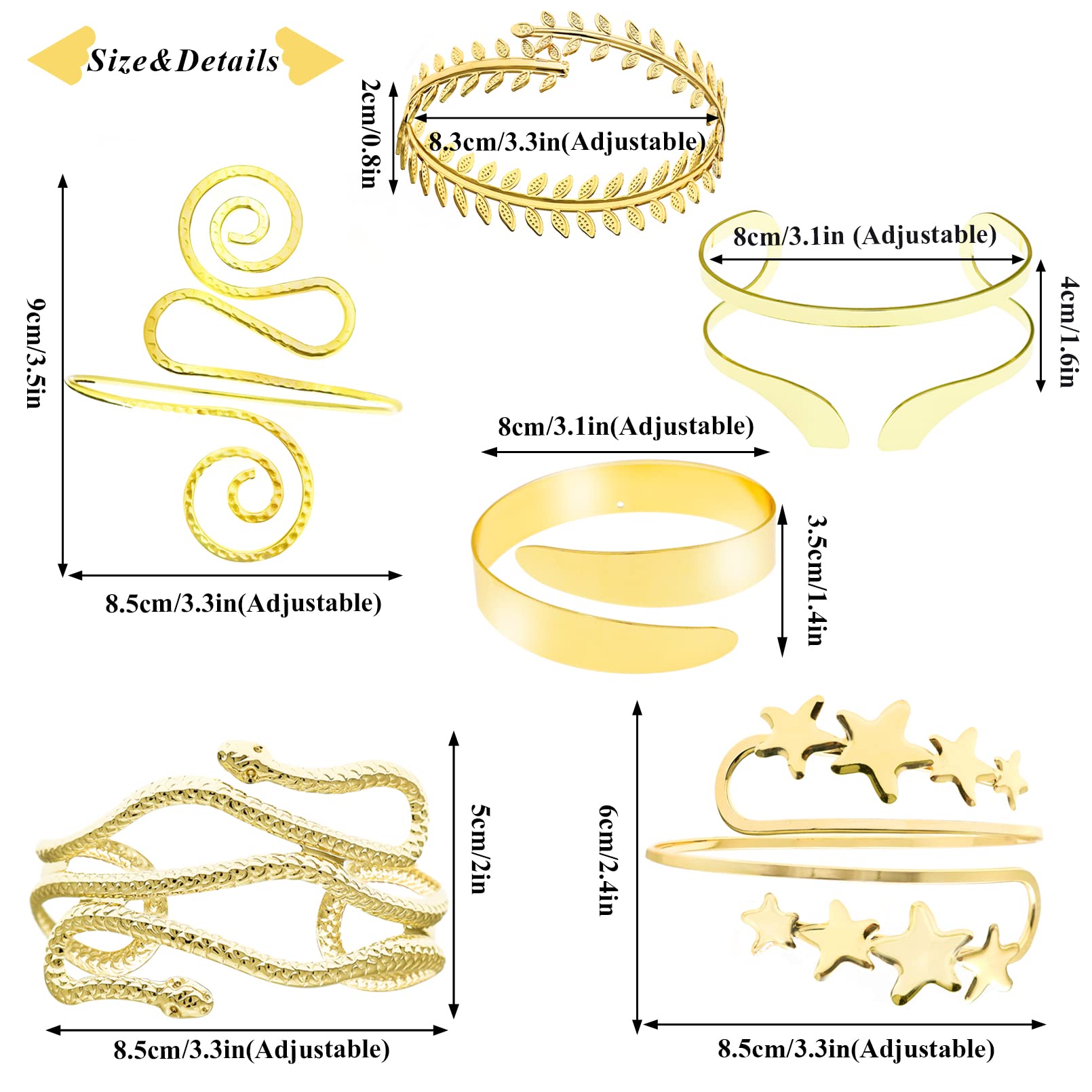 RechicGu 6-Piece Adjustable Gold Leaf Arm Cuff Bracelet Set for Women - Stylish Arm Bands & Bangle Jewelry for Summer, Beach, Boho Fashion & Festival Outfits
