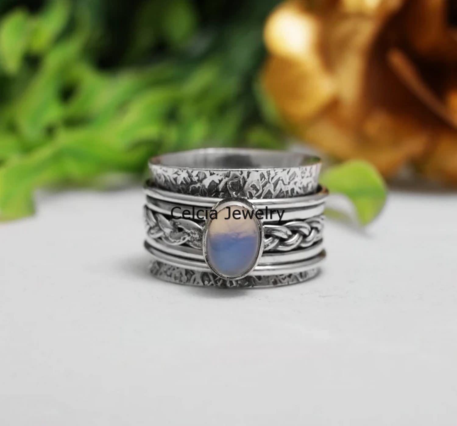 Moonstone Cabochon Oval Spinning Ring - Handmade Unisex Meditation & Fidget Ring for Anxiety Relief - Delicate June Birthstone Jewelry (US Size 7) - Perfect for Stress Relief, Mindfulness Practice & Everyday Wear