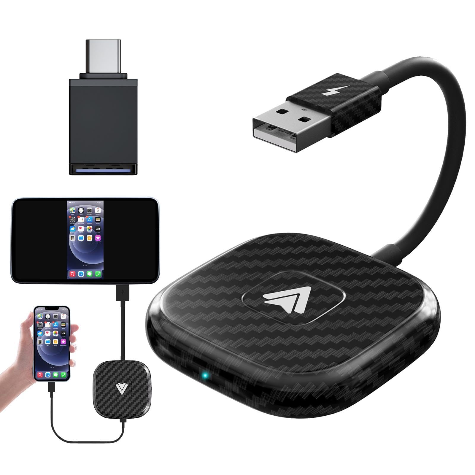 Wireless Car Adapter for iPhone & Android - Fast Transmission USB to Wireless Module - Mirror Phone to Car Screen for Navigation, Music & Calls