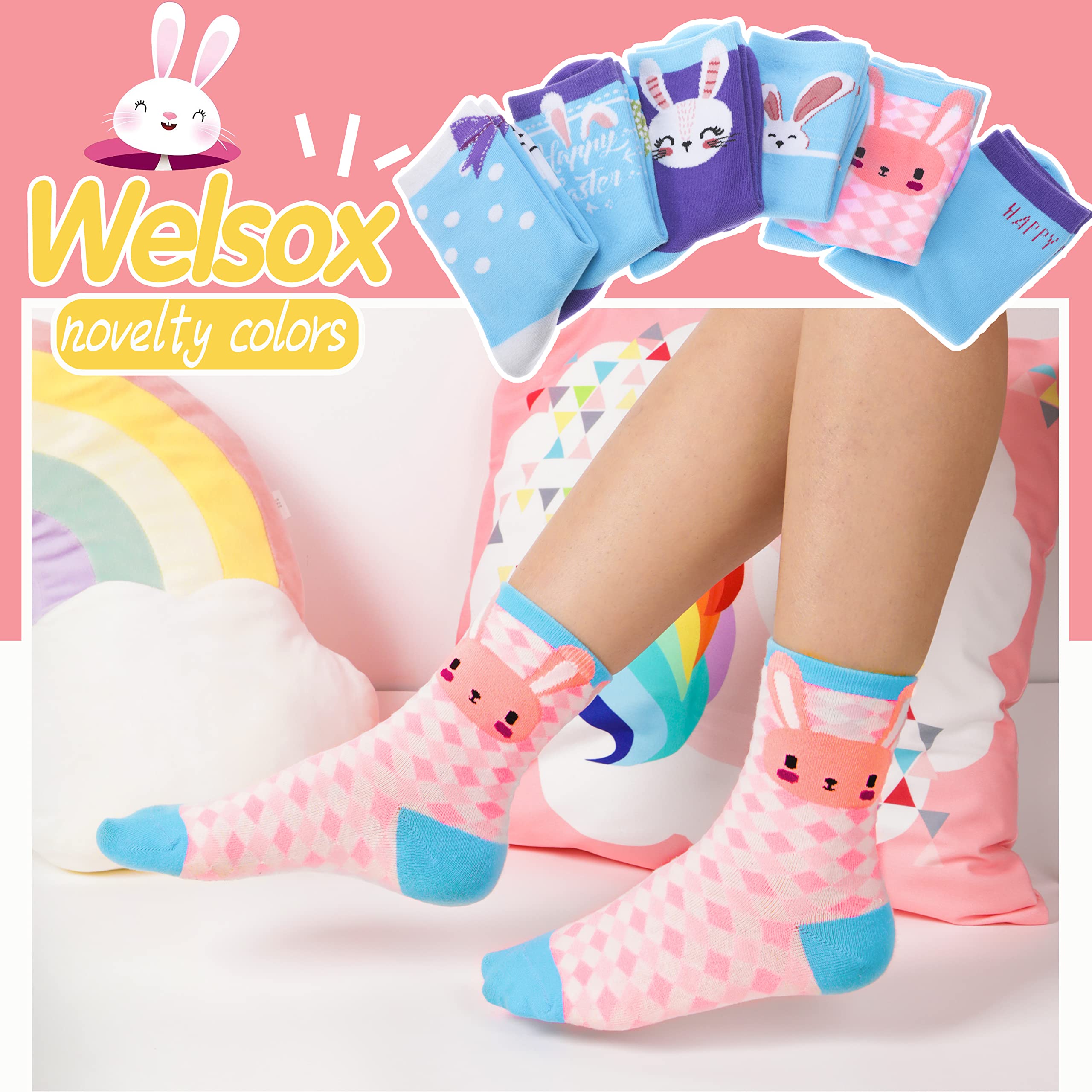 Cute Girls' Bunny Crew Socks - 6 Pairs Soft Cotton Fun Novelty Socks for Kids Ages 5-8 (Blue) - Perfect for Easter Gifts, Stocking Stuffers & Everyday Playtime