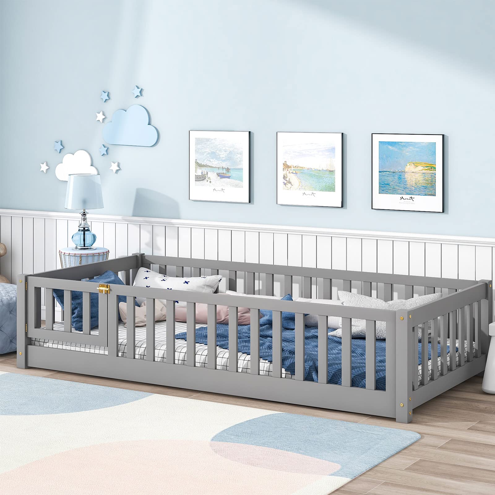 Twin Size Montessori Floor Bed with Safety Guardrails & Slats - Sturdy Wood Toddler Bed Frame for Girls & Boys in Grey - Perfect for Kids' Room, Playroom & Montessori Learning Spaces