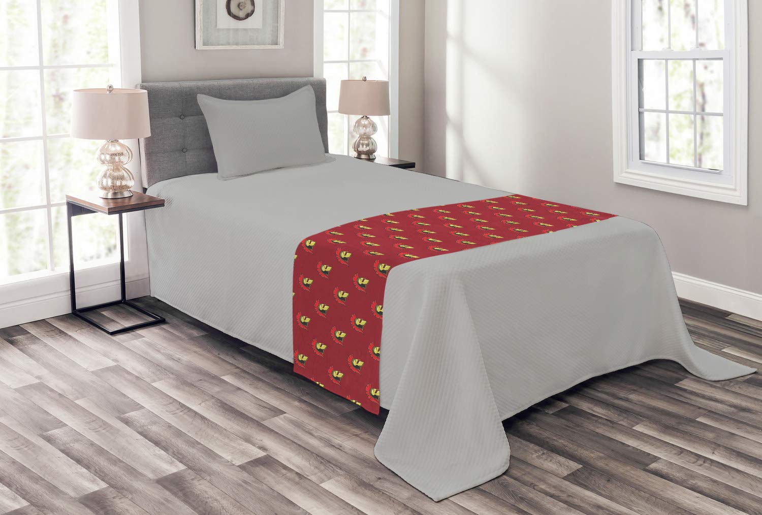 Lunarable Spartan Bed Runner - Antique Warrior Motifs Cartoon Style Equipment Design Print - Decorative Accent Bedding Scarf for Hotels, Homes & Guestrooms - Ruby Vermilion Yellow - Perfect for Spartan-Themed Bedrooms, Game Rooms & Historical Decor