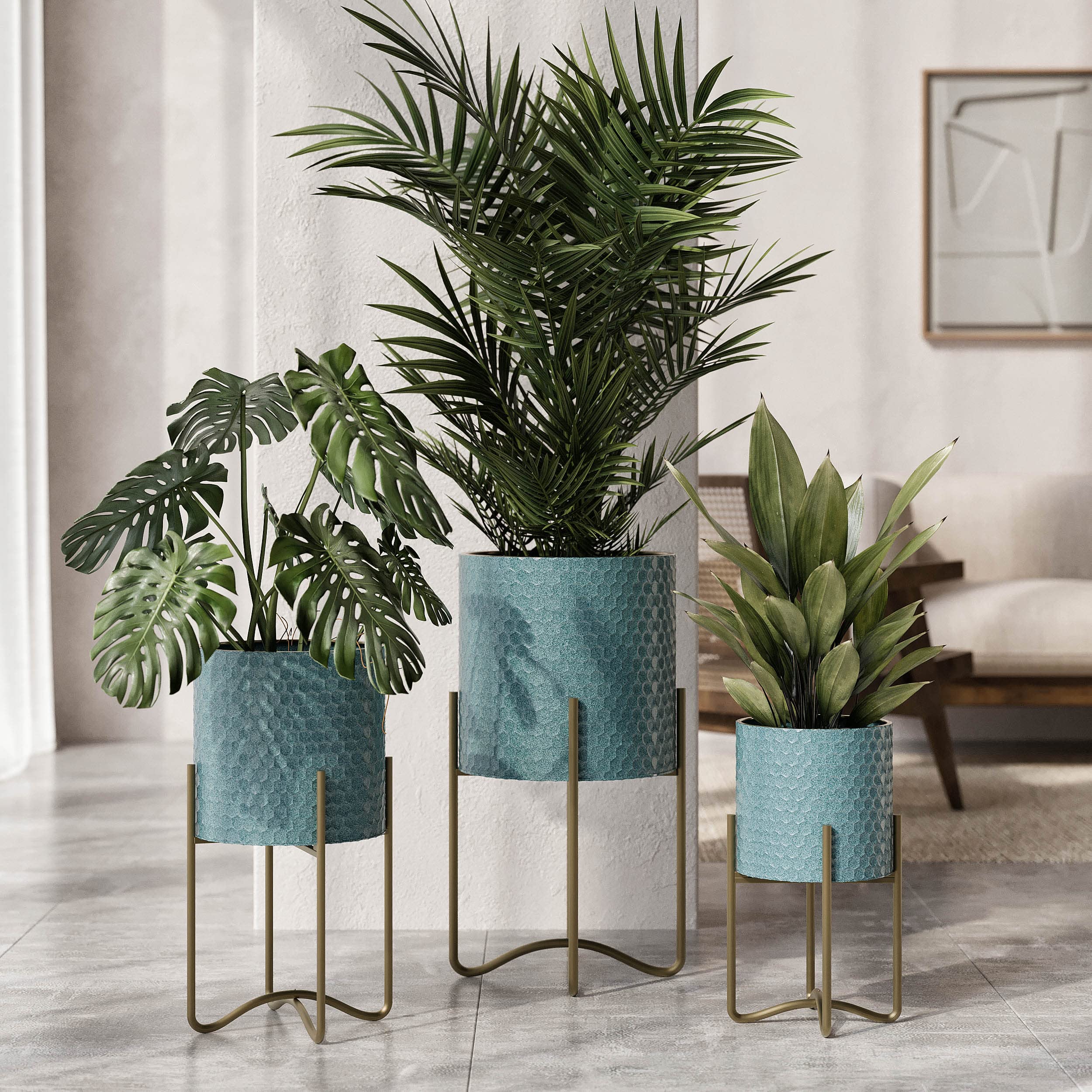 EverNest Mid-Century Modern Rhys Honeycomb Embossed Planter Pot with Ambrose Stand - Set of 3 Metal Indoor Planters in Blue Green Bohemian Style | Perfect for Home Decor, Living Room, Office & Boho Interior Design