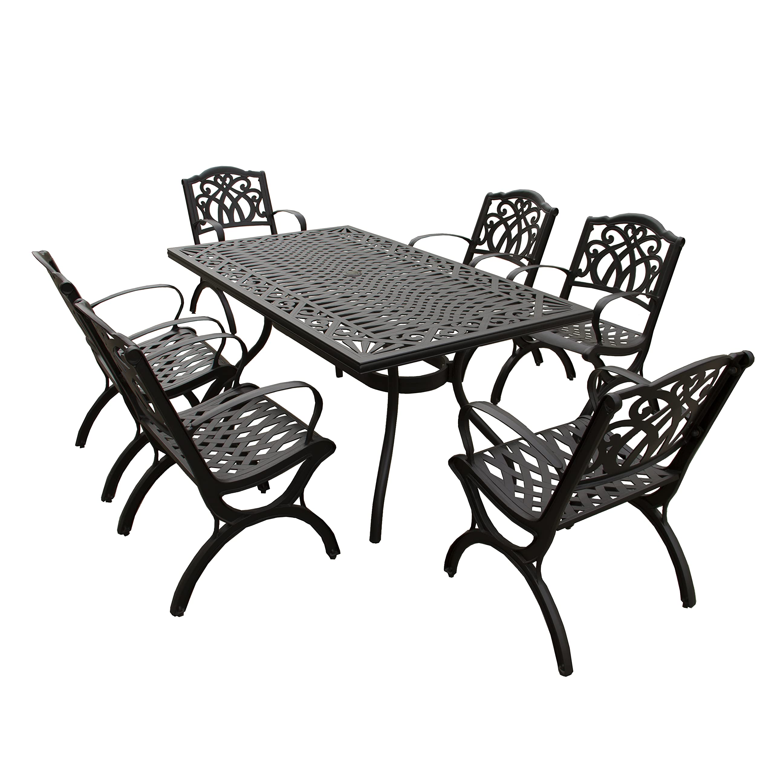 Modern Ornate Outdoor Mesh Aluminum 68-inch Black Rectangular Patio Dining Set with 6 Chairs - Perfect for Backyard BBQs, Garden Parties & Poolside Entertaining