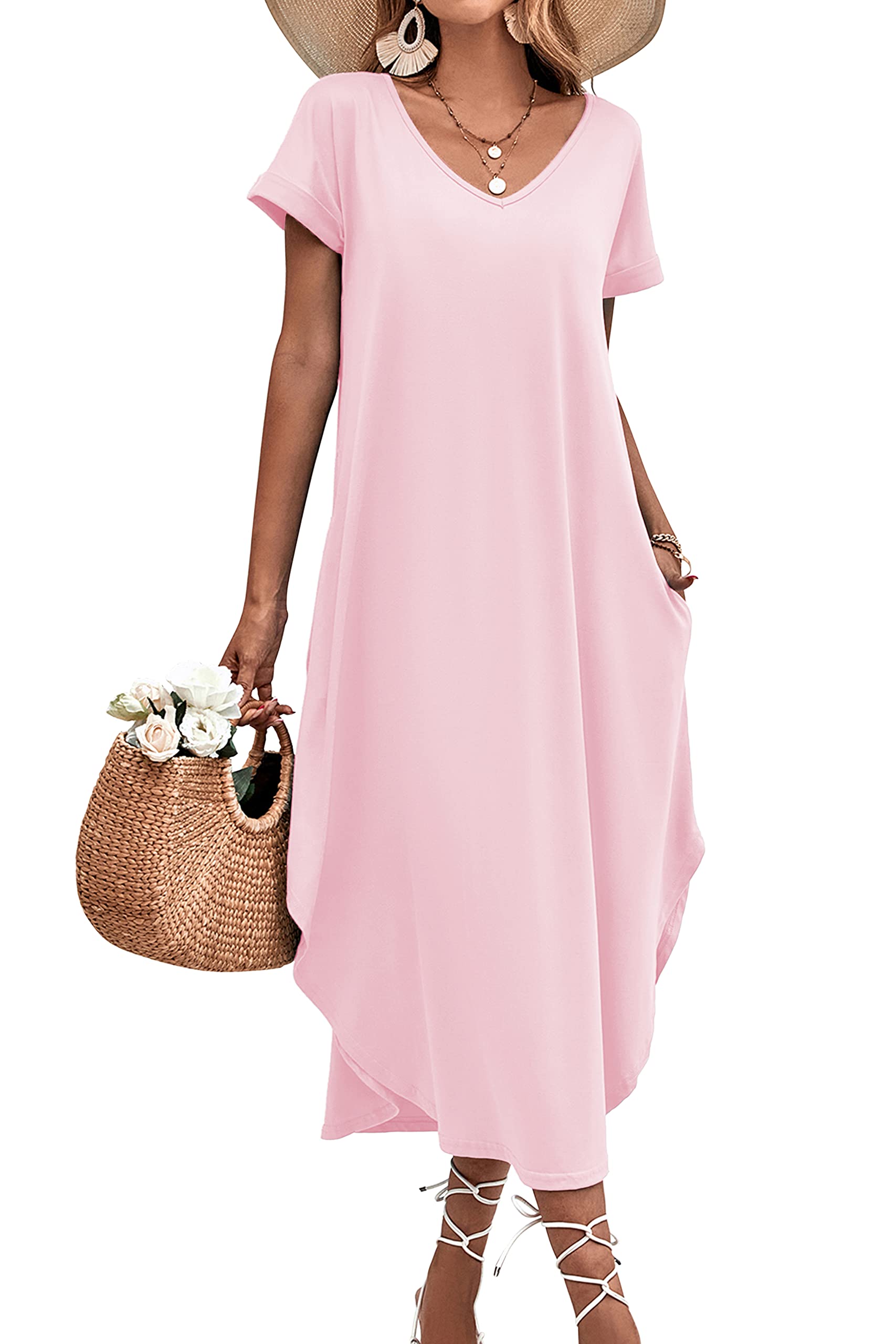 Ekouaer Women's V-Neck Nightgown with Pockets - Short Sleeve Sleepwear, Side Split Long Nightdress (Sizes S-3XL) - Perfect for Relaxing at Home, Lounging & Comfortable Sleep