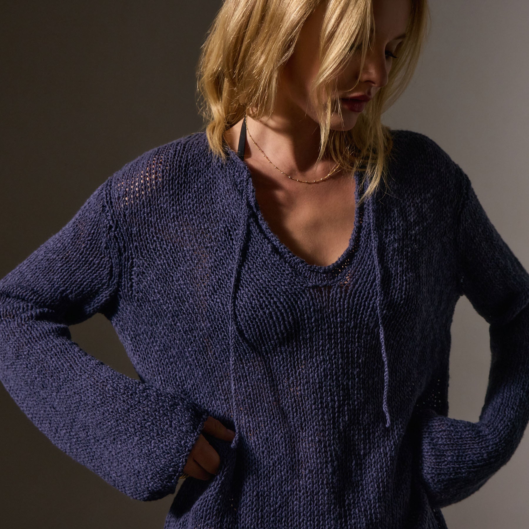 Soft Cotton Linen Knit Tunic Top - Faded Navy Blue - Women's Casual Loose Fit Blouse for Summer Beach & Boho Style Outfits