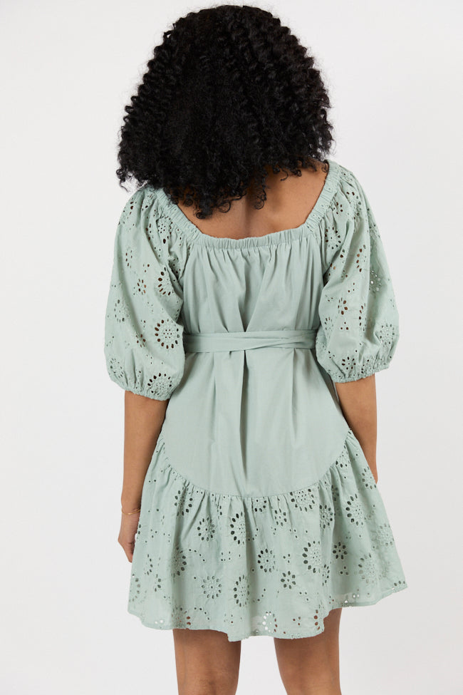 Elegant Sage Green Eyelet Off-The-Shoulder Summer Dress for Women - Perfect for Beach Vacations, Date Nights & Outdoor Weddings