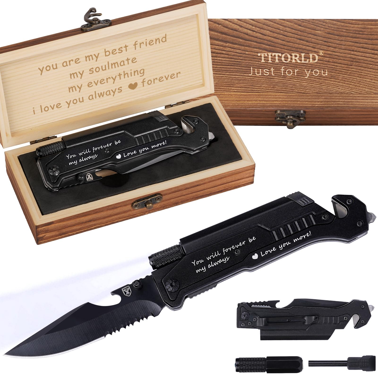 Engraved 7-in-1 Multitool Pocket Knife for Men - Camping, Hiking & Survival Gear with LED Light - Perfect Anniversary, Birthday Gift for Husband, Boyfriend - Comes in Elegant Wood Gift Box