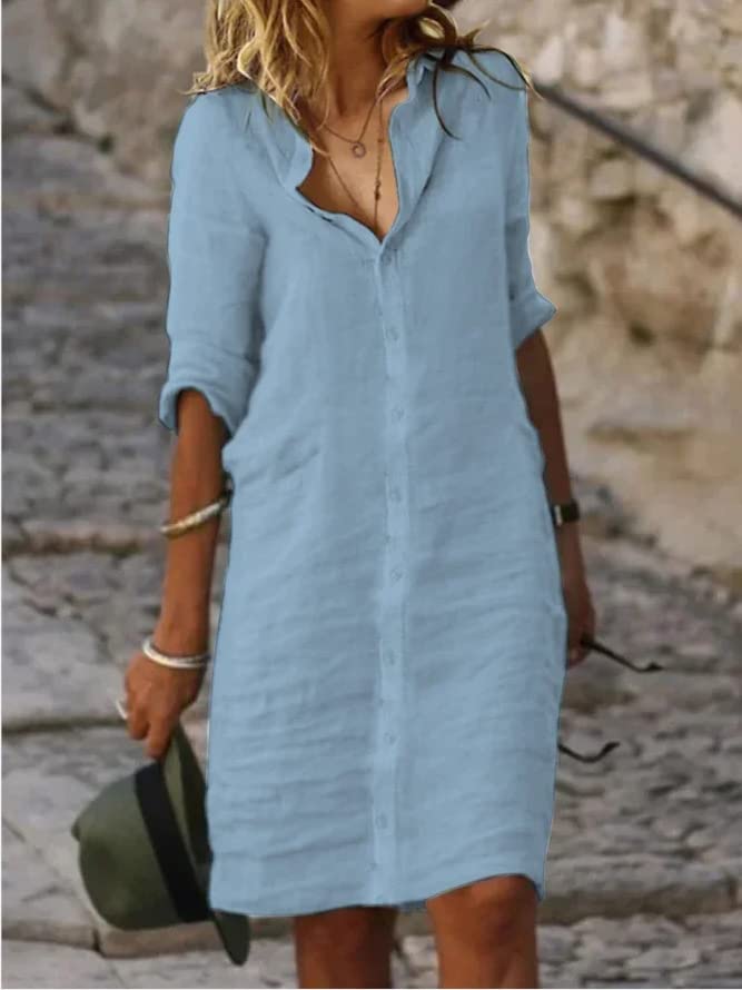 Women's Linen Midi Dress - Casual Button Down Shirt Dress with Pockets, Loose V-Neck & Half Sleeve for Beach Vacation, Summer Outfits & Boho Style | Perfect for Travel, Weekend Getaways & Outdoor Events