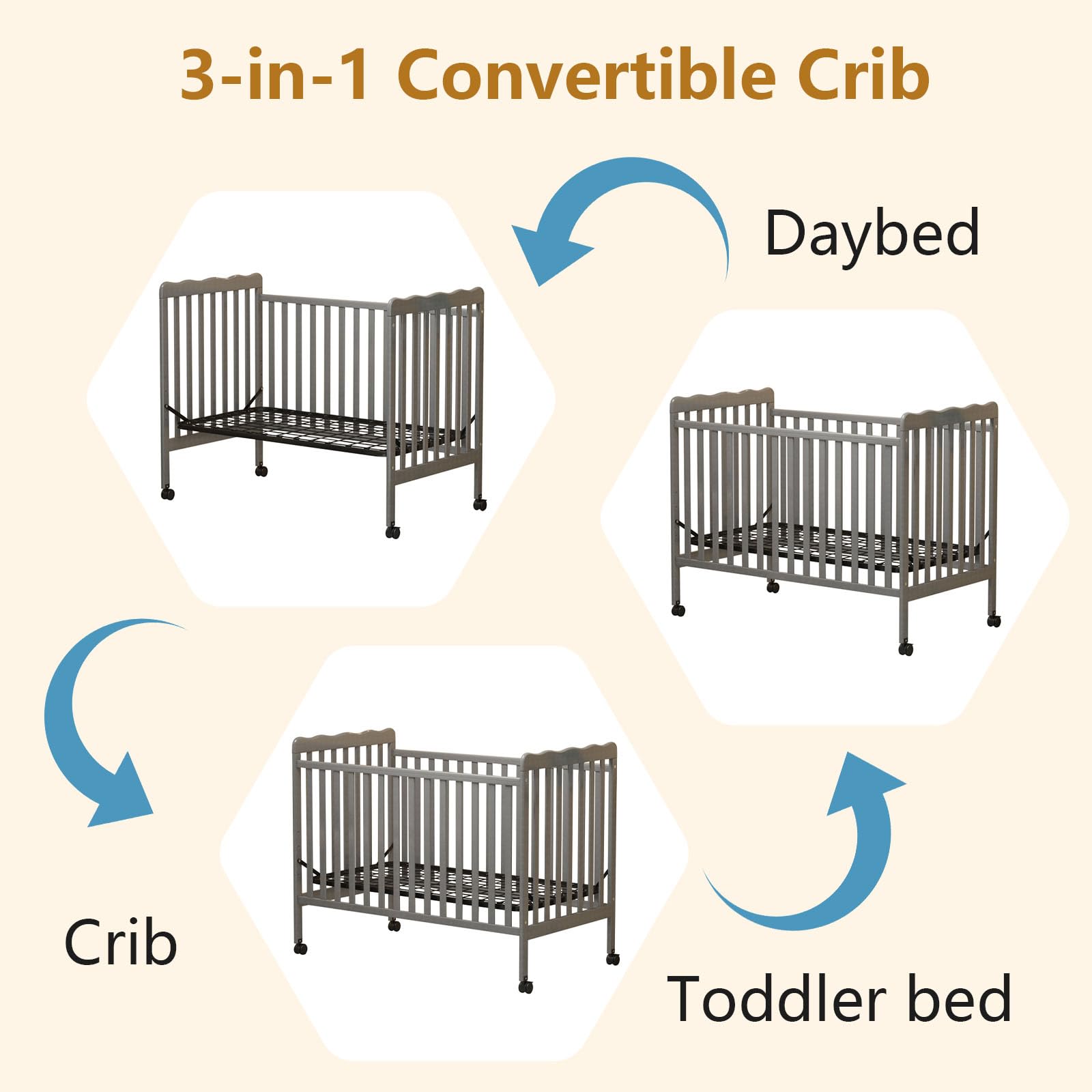 3-in-1 Convertible Baby Crib to Toddler Bed & Full Size Bed Frame - Safe & Durable Nursery Furniture for Boys & Girls (Mattress Not Included) | Perfect for Newborns, Toddlers & Growing Kids Bedroom