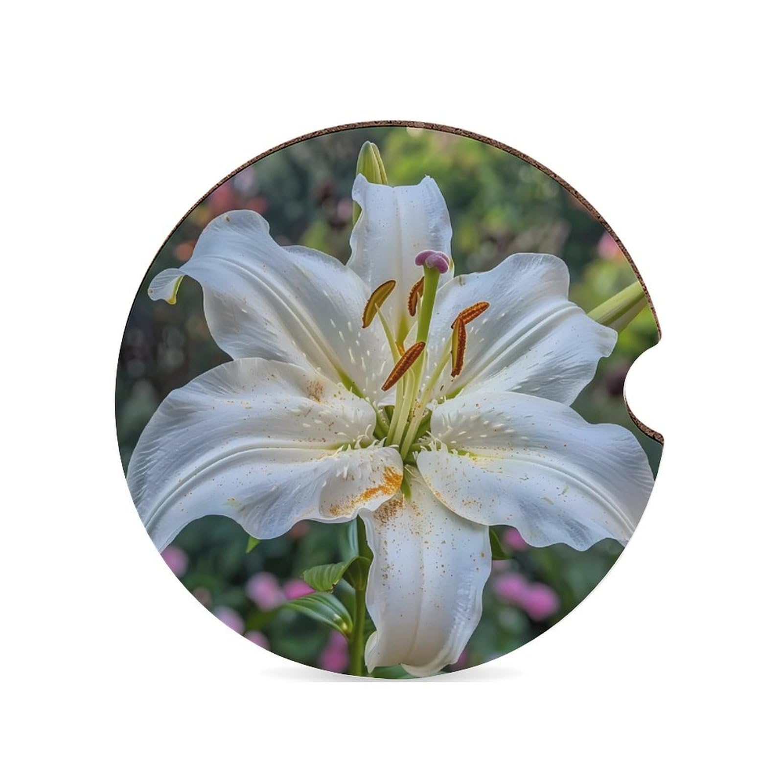 White Lily Flower Car Coasters for Cup Holders - 4 Pack Cork Drink Coasters with Non-Slip Base, Car Accessories for Coffee, Tea & Beverages - Perfect for Cars, Trucks & SUVs