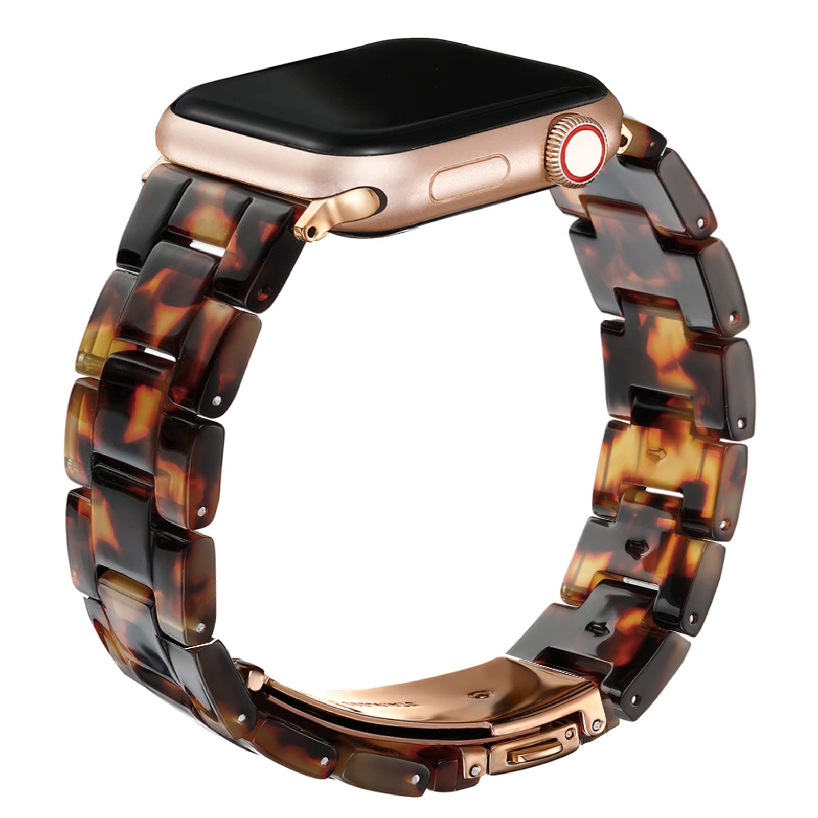 Wongeto Resin Watch Band Compatible with Apple Watch 38mm 40mm 41mm - Stainless Steel Buckle Replacement Strap for Series SE/7/6/5/4/3/2/1 - Lightweight Wristband for Women & Men (Rose Gold + Tortoise) - Perfect for Workouts, Daily Wear & Fashion Accessories