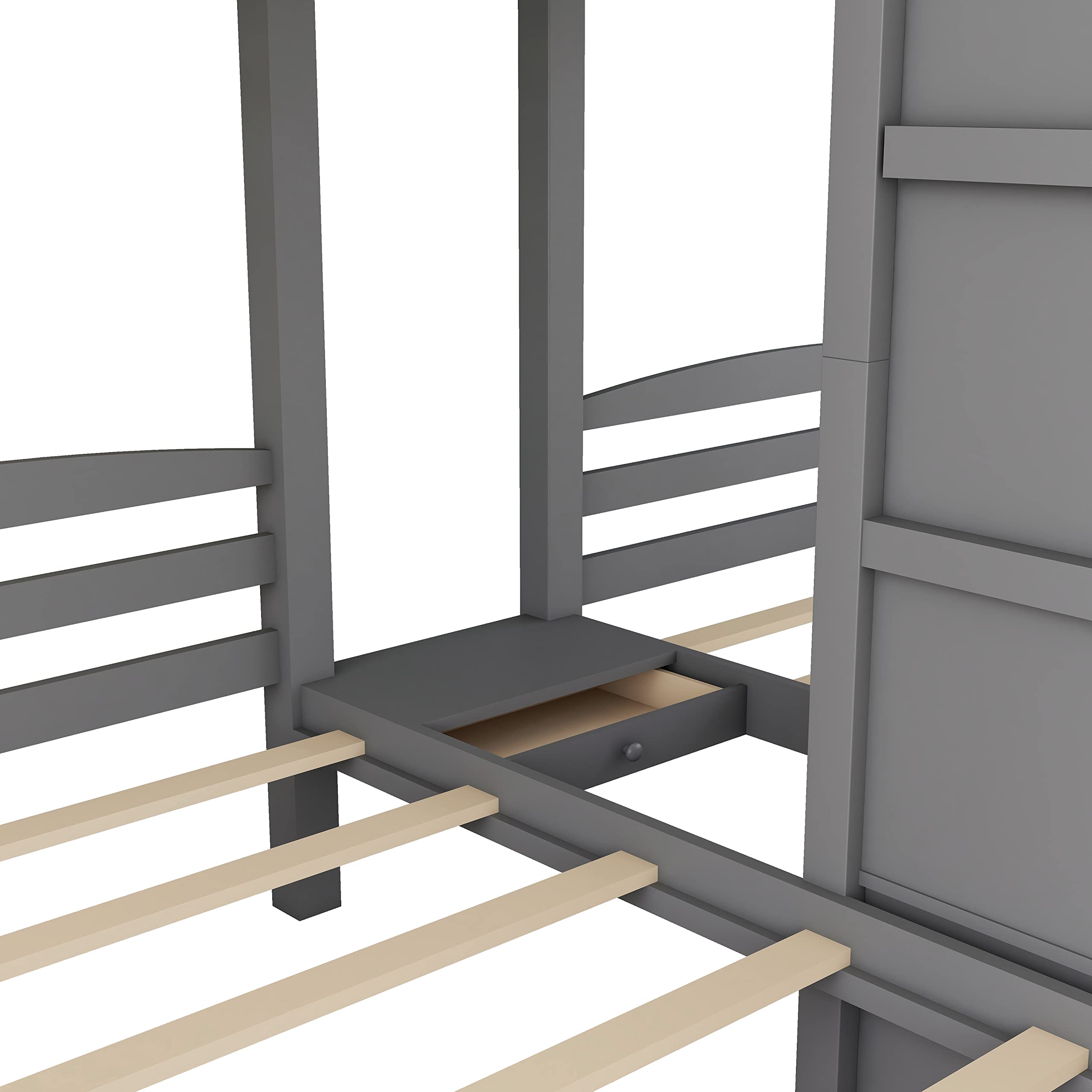 P PURLOVE Triple Bunk Bed for Kids & Teens - Twin Over Twin Wooden Bunk Bed with Built-in Staircase, Storage Drawers & Shelf - Space-Saving 3 Tier Bunk Bed Frame for Bedroom, Dorm, or Kids' Room - Gray