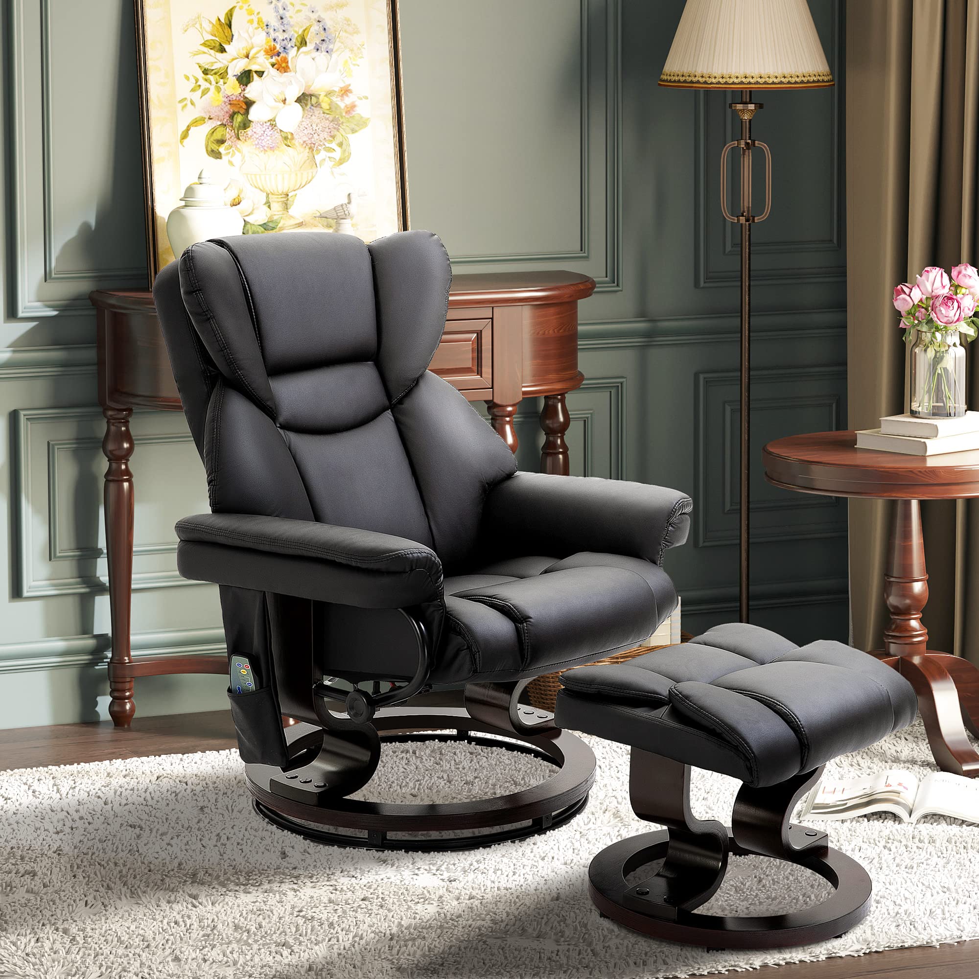 HOMCOM Massage Recliner Chair with Ottoman Footrest - 10 Vibration Points, 360° Swivel Reclining Living Room Chair - Faux Leather with Side Pocket & Remote Control - Black - Perfect for Relaxation, Home Theater & Living Room Comfort