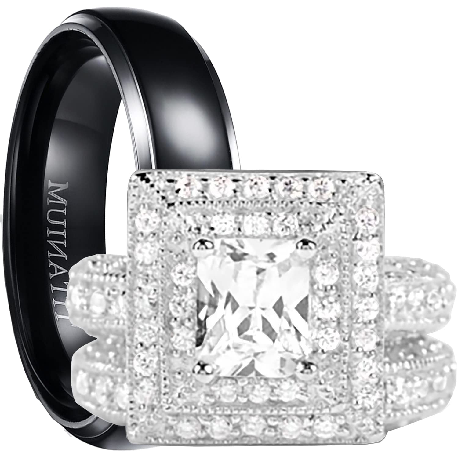 His and Hers Wedding Rings Set - Sterling Silver & Titanium Matching Bands for Couples - Perfect for Engagement, Anniversary, and Romantic Gift Giving