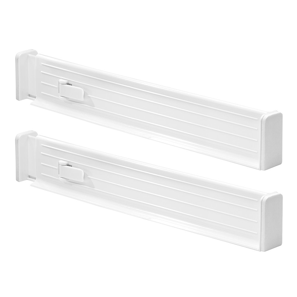 InterDesign Linus Adjustable Drawer Organizer Dividers - Set of 2 White | Kitchen & Dresser Storage Solution | Perfect for Utensils, Socks & Jewelry Organization