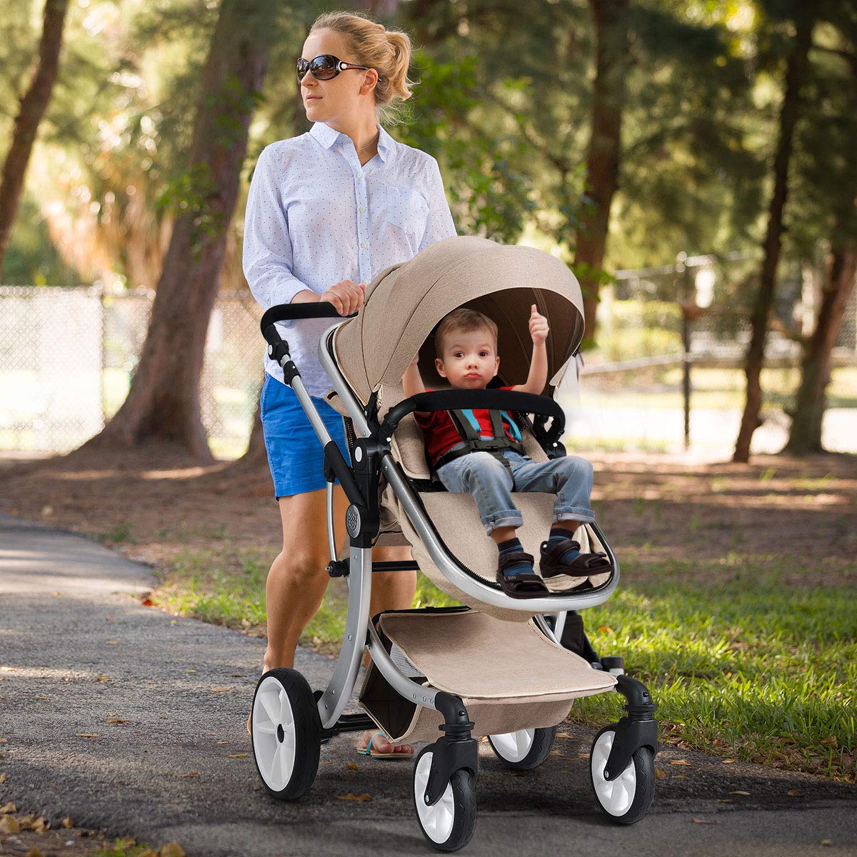 Honey Joy Baby Stroller - Convertible Infant Bassinet with Adjustable Canopy & Backrest, Foldable Newborn Carriage with Storage Basket & Foot Cover (Beige) | Perfect for Walks, Shopping & Travel