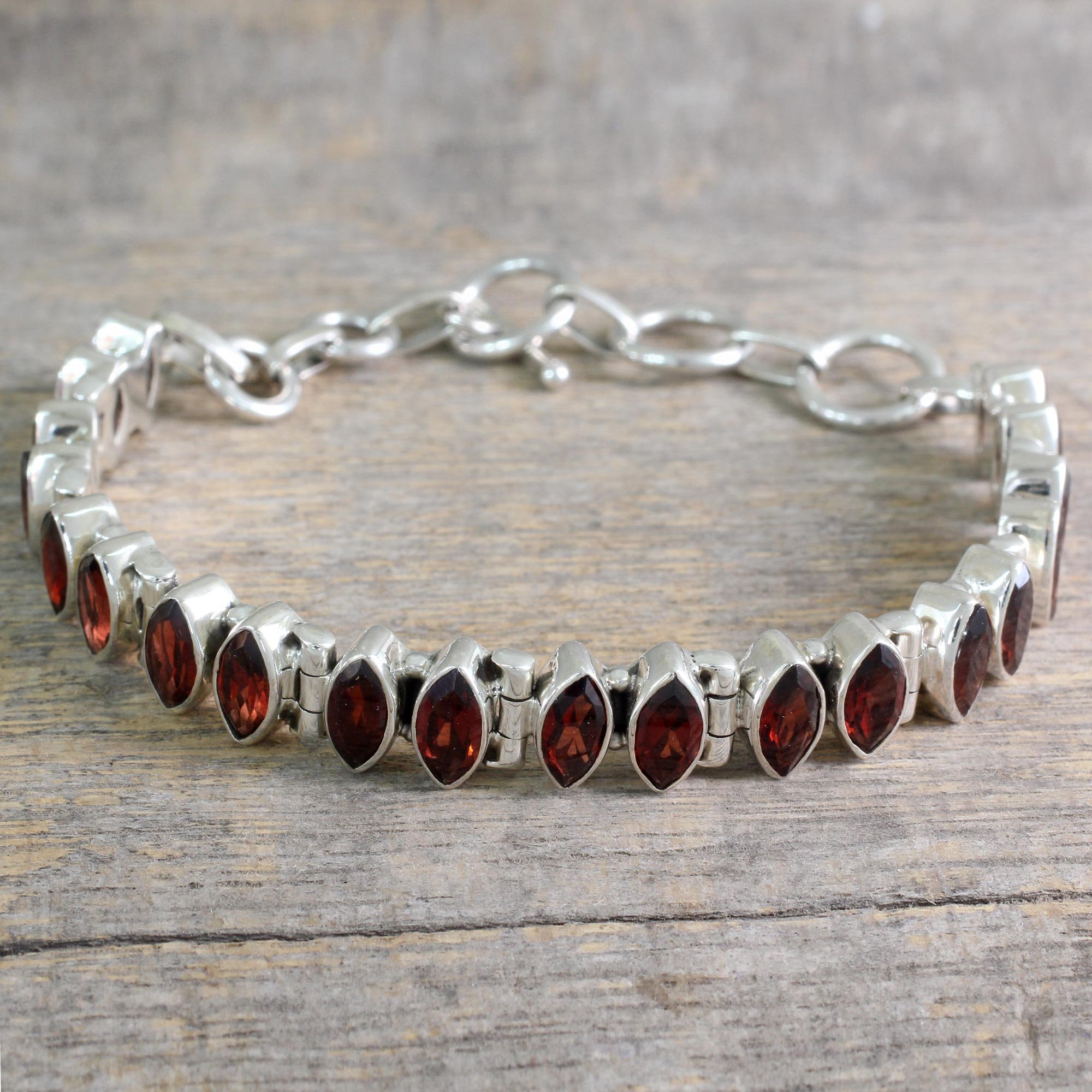 Handmade Sterling Silver Garnet Tennis Bracelet - Indian Artisan Jewelry, Red Marquise Birthstone Gift for Women (6.75