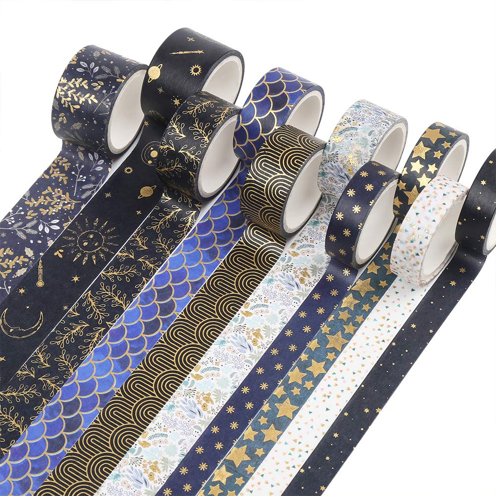 CCINEE Black Gold Foil Washi Tape Set - 10 Rolls Floral Decorative Masking Tapes for Bullet Journal, Scrapbooking, Planner & Art Crafts | Perfect for DIY Projects, Gift Wrapping & Home Decor