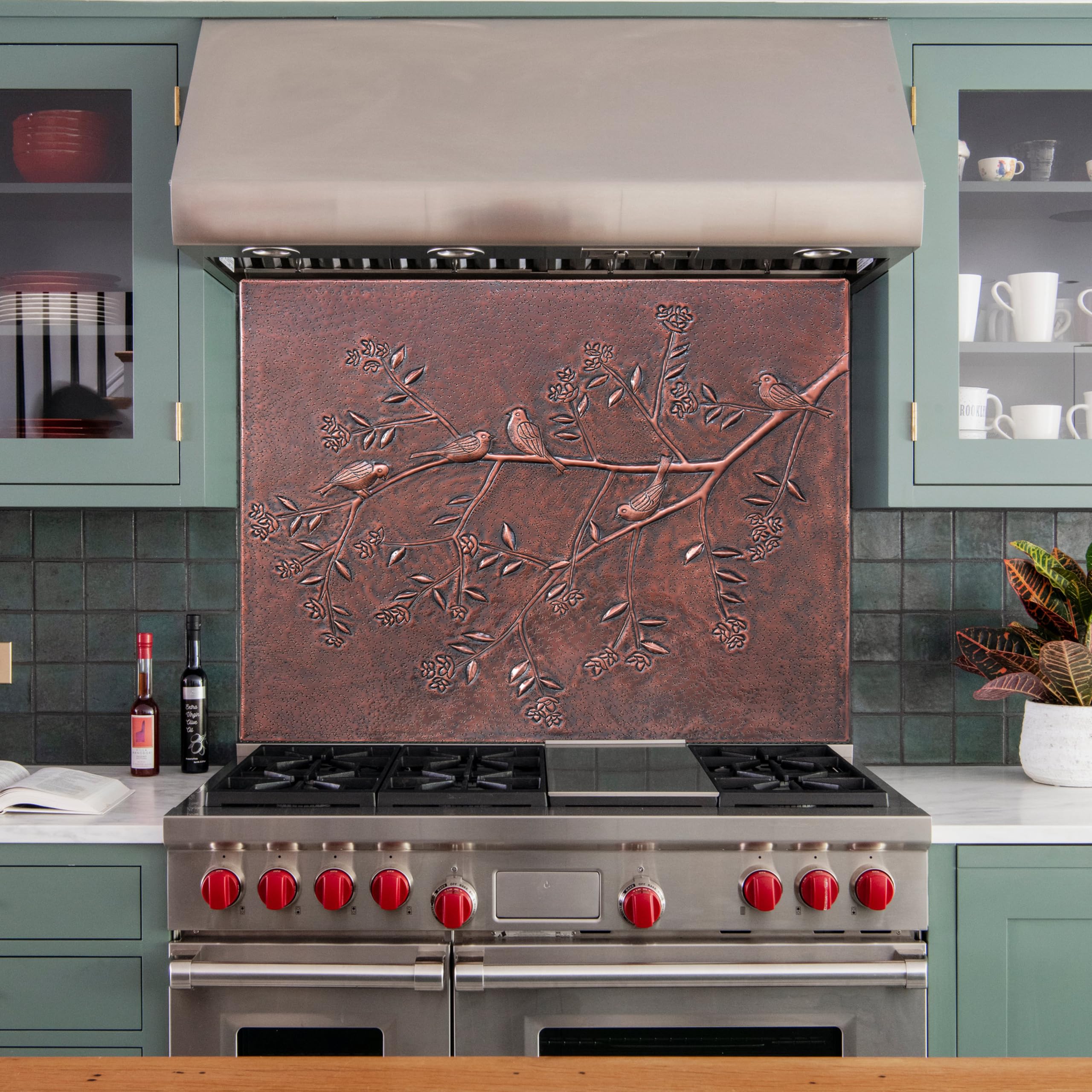 Custom Handmade Copper Backsplash Tile - Birds on Tree Branches Design for Kitchen & Bathroom Wall Decor | Indoor & Outdoor Use | Brown Finish