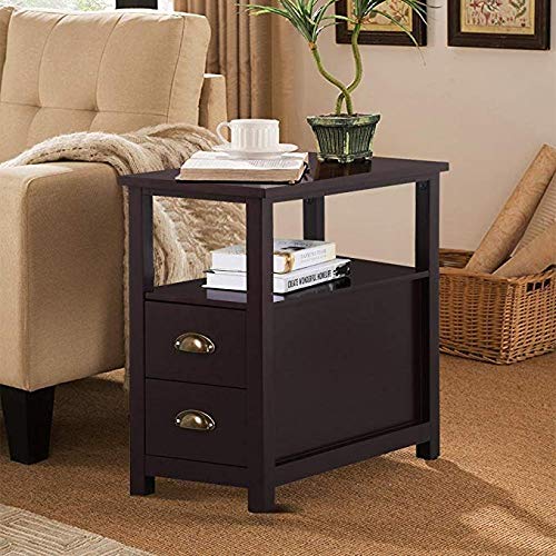 Rustic Espresso Narrow End Table with 2 Drawers & Storage Shelf - Nightstand for Bedroom, Living Room Chairside Table with Bin Drawer - Perfect for Small Spaces, Apartment Decor & Bedside Organization