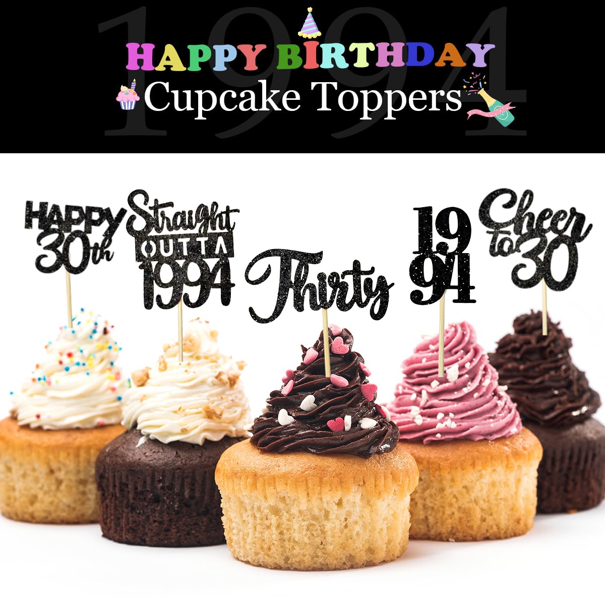 30PCS 30th Birthday Cupcake Toppers - Gold & Black Party Decorations for Men & Women - 1994 Themed 30th Birthday Party Supplies - Perfect for Anniversary Celebrations & Milestone Parties
