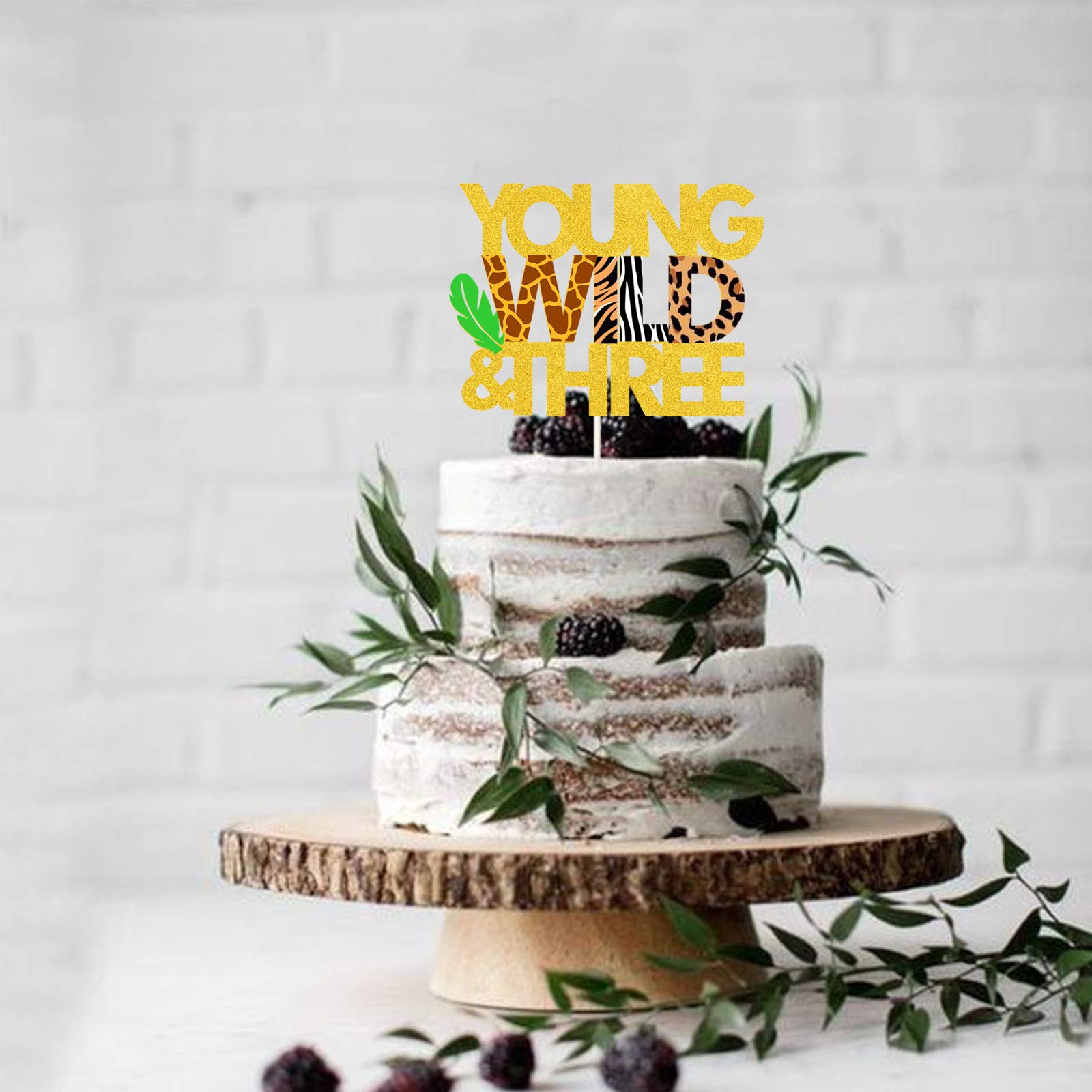 Wild Safari Jungle Animal Cake Topper - Happy 3rd Birthday Cake Decorations, Gold Glitter Baby Shower Party Supplies for Kids Birthday & Jungle Theme Celebrations