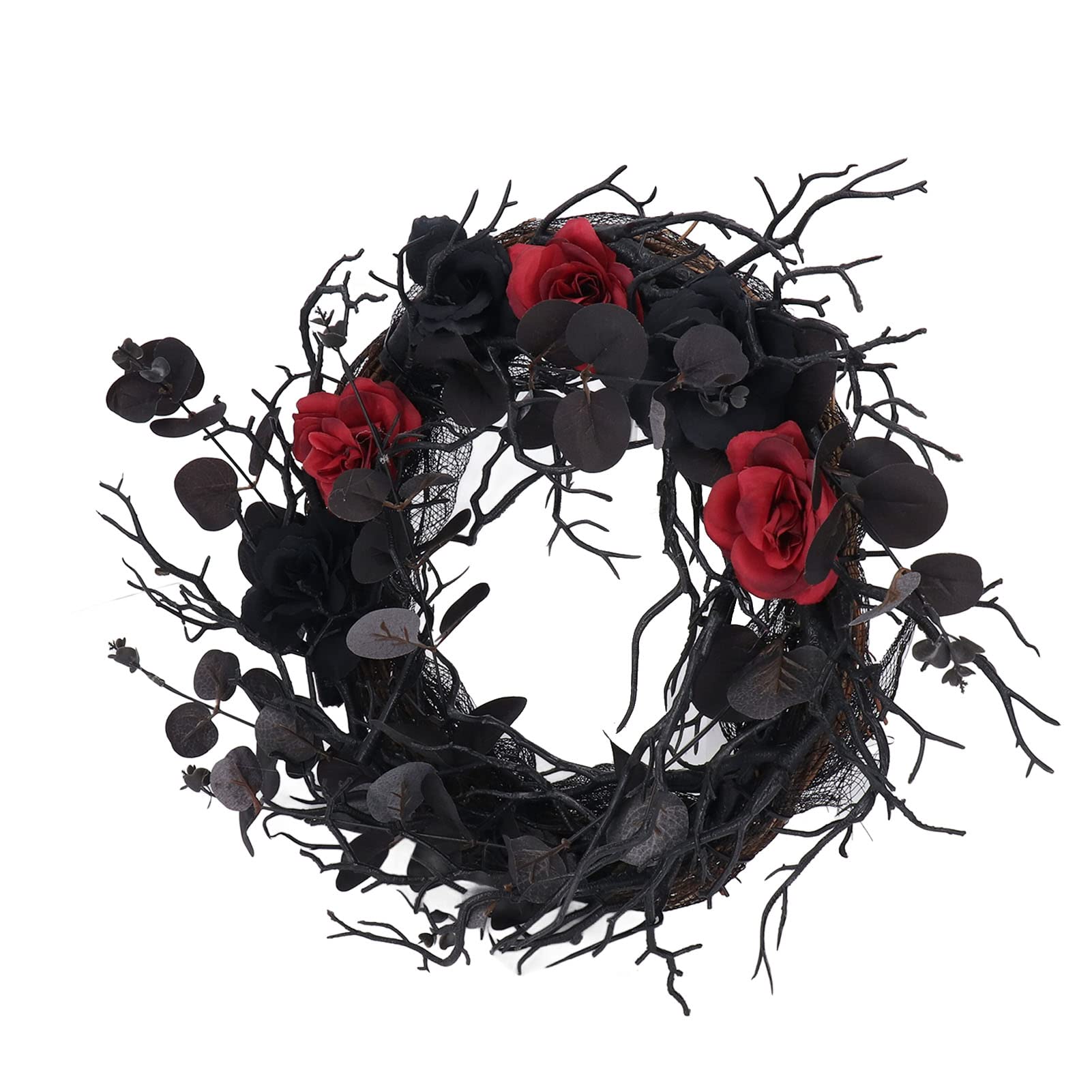 OLEQE Halloween Wreath - Black & Red Faux Rose Door Decor for Day of The Dead, Horror Theme | Perfect for Front Door, Porch, Party & Spooky Home Decoration