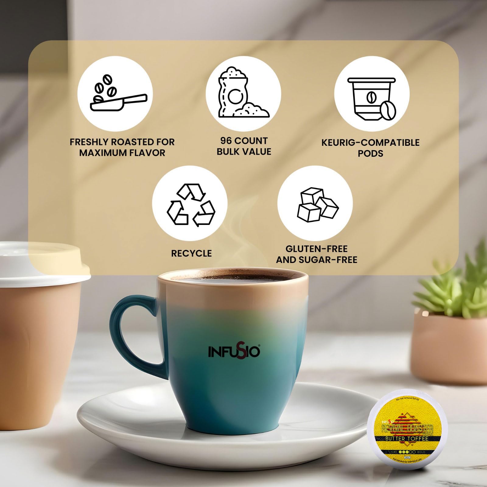 InfuSio Butter Toffee Coffee Pods for Keurig K-Cup Brewers - 96 Count Premium Roasted Single Serve Coffee Pods - Perfect for Home, Office & Morning Brews