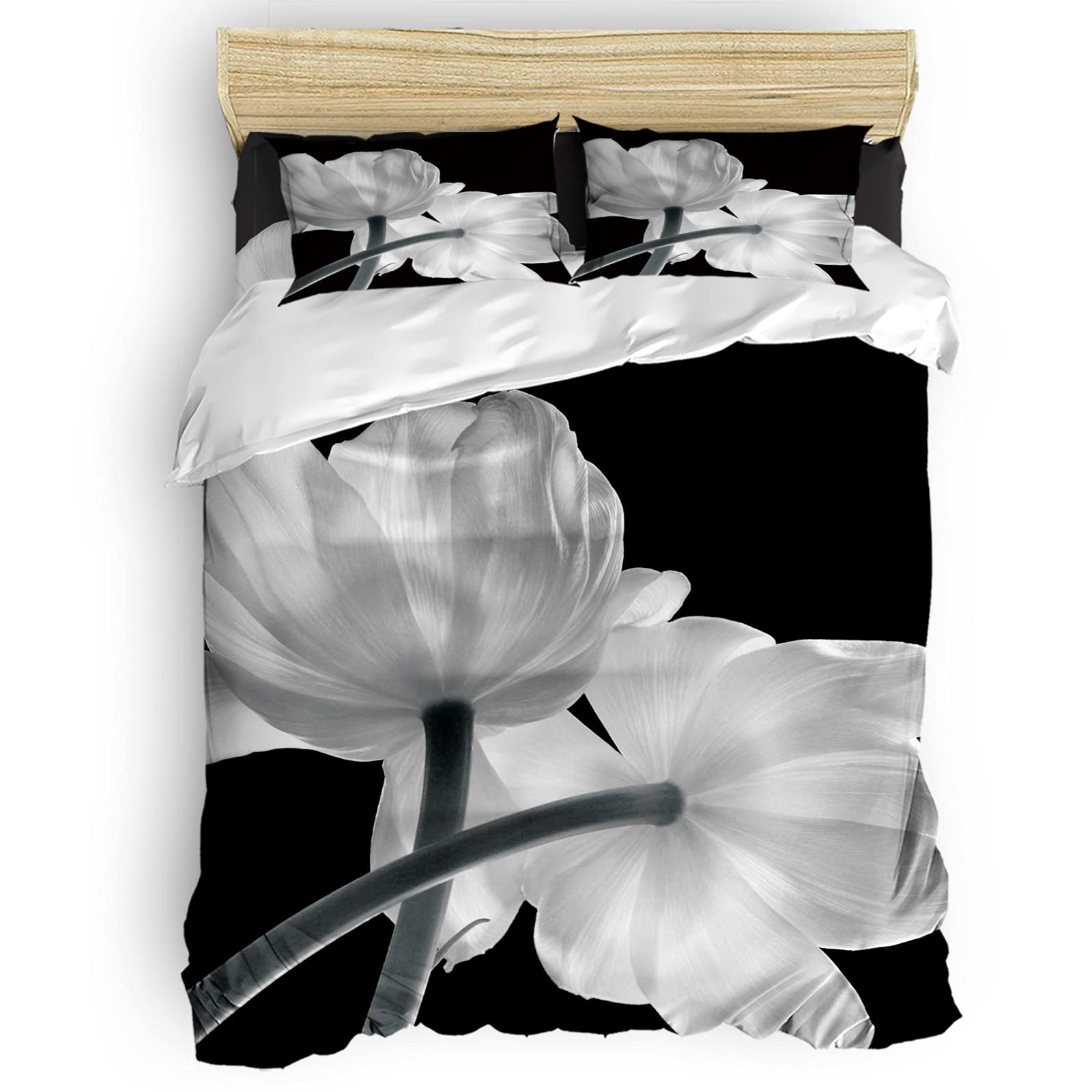 Full Size Grey Tulip Flower Printed Duvet Cover Set - Soft Breathable Black & White Comforter Cover with Zipper Closure | Bedroom Decor, Guest Room Essentials, Cozy Home Textiles