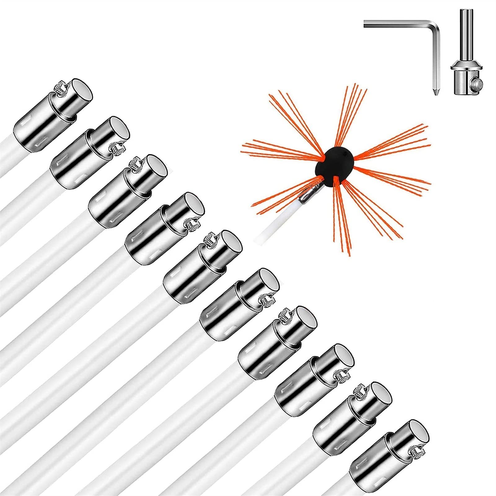 SKYWPOJU 33FT Chimney Sweep Kit - 10 Nylon Flexible Rods & Brush Head for Rotary Drill Drive | Fireplace Cleaning Tool for Wood Stove, Pellet Stove, and Home Chimney Maintenance