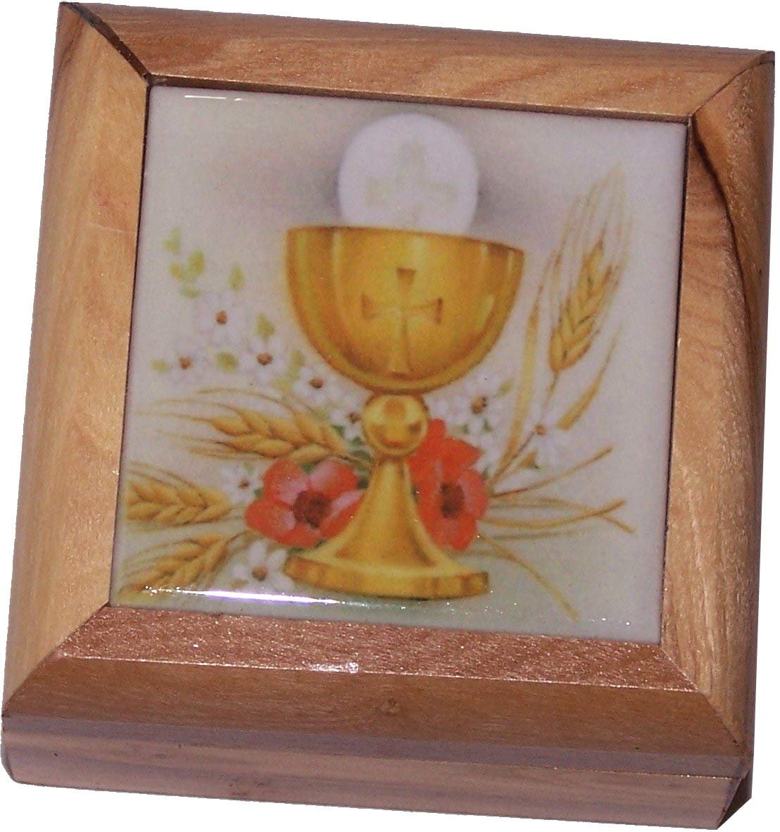 Holy Land Market First Communion Gift Box - Handcrafted Bethlehem Olive Wood Rosary Box with Ceramic Cross - Perfect for First Communion, Baptism, and Religious Gifts