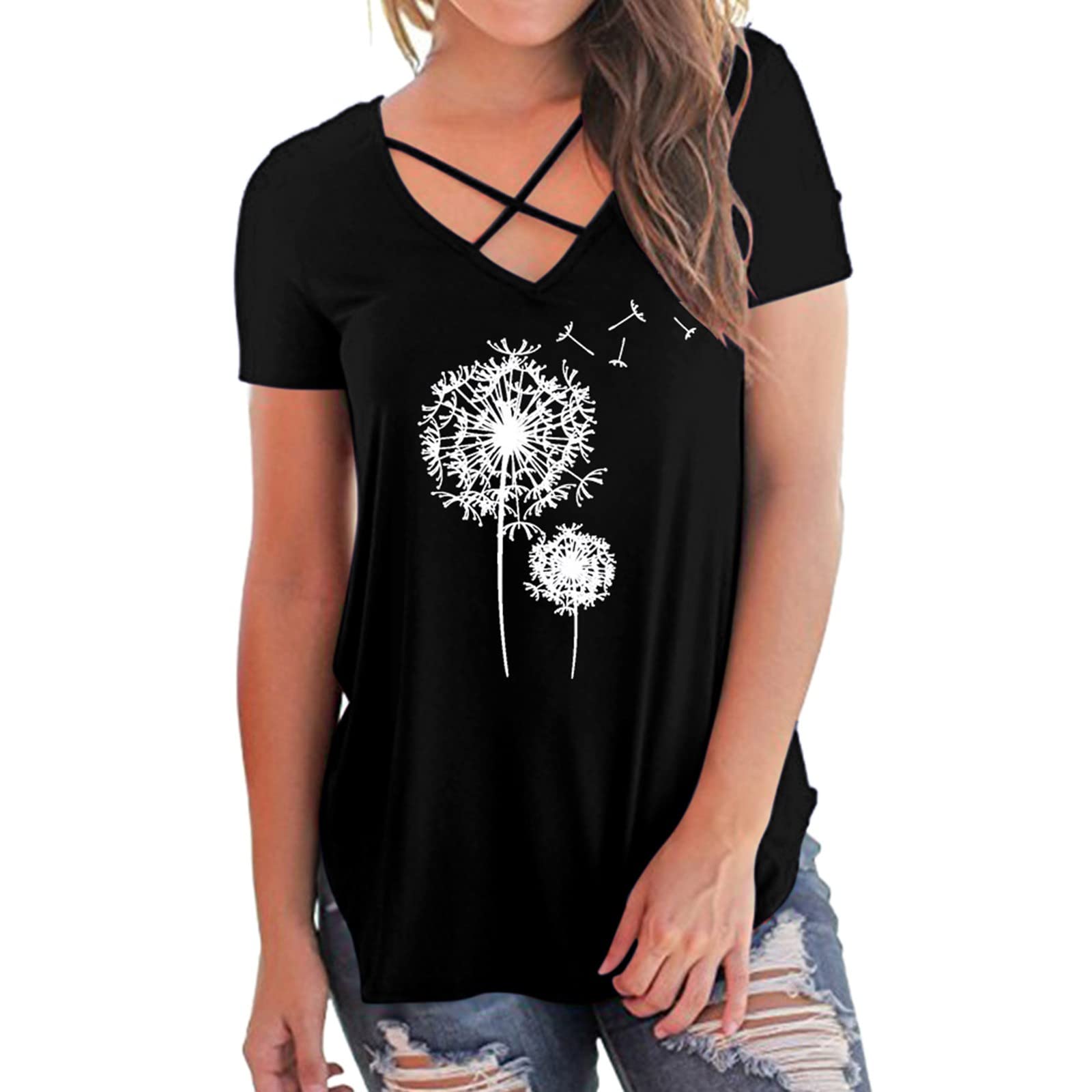 Women's Black V-Neck Short Sleeve Casual Tunic Top with Criss Cross Print - Summer T-Shirt Dress for Everyday Wear, Beach Outings & Date Nights