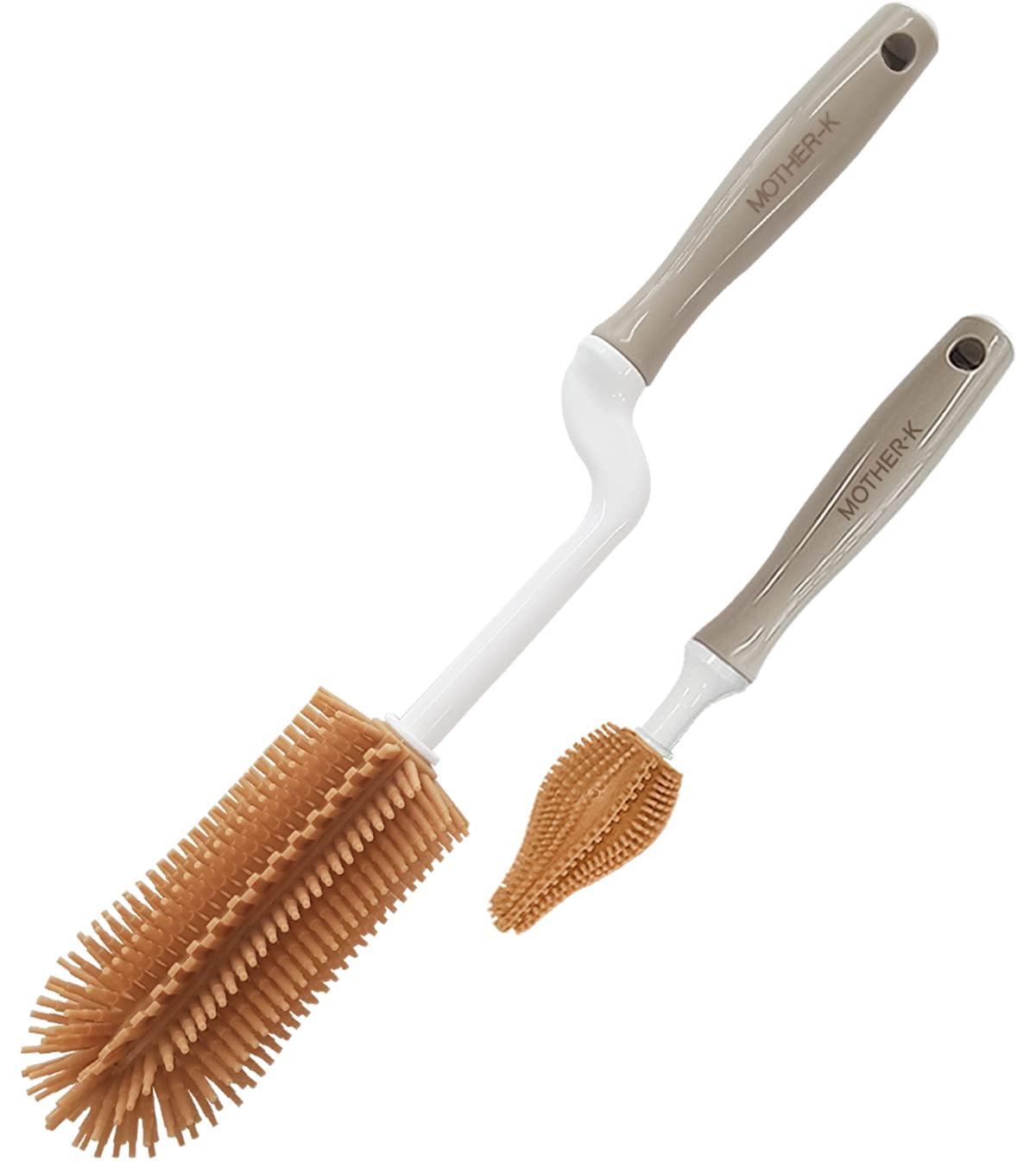 MOTHER-K Rotating Silicone Bottle Brush Set - 2-in-1 Cleaning Brush for Baby Bottles, Sports Water Bottles, Vases & Glassware - Safe & Durable Brown Silicone Scrubber for Easy Cleaning at Home or Travel