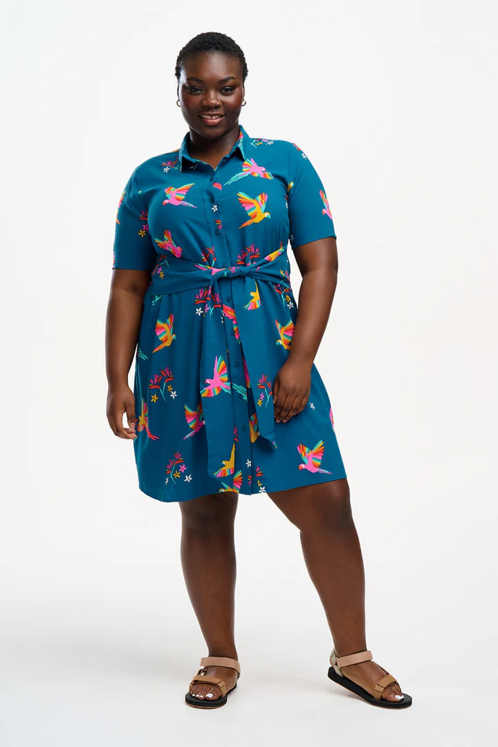 Stylish Dessie Shirt Dress with Teal Rainbow Parrots Print - Women's Flowy Casual Tunic Top for Summer Outings, Beach Vacations & Boho Fashion