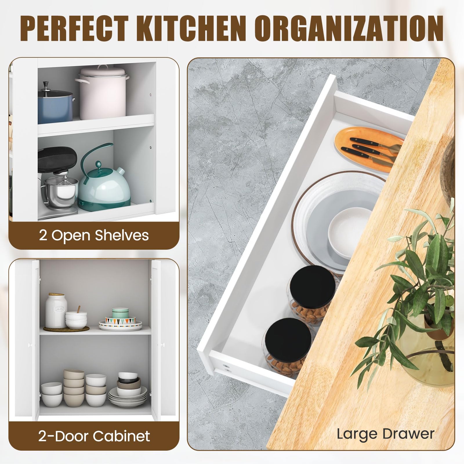 Moccha Kitchen Island with Storage Cabinet - 2 Doors, 2 Drawers, 6-Tier Spice Rack & Open Shelves - White Wood Counter Table for Dining Room (29.5