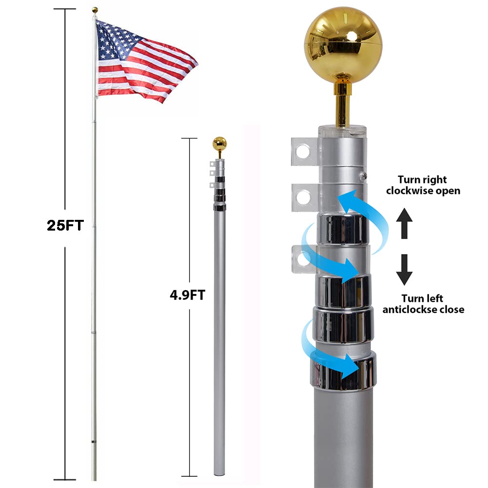 GARVEE 25FT Heavy Duty Commercial Flagpole Kit - Aluminum Telescoping In-Ground Flag Pole with Twist Lock System | Includes 3x5ft Nylon American Flag & PVC Sleeve | Perfect for Yard, Residential & Commercial Use | Ideal for Patriotic Displays, Business Branding & Outdoor Decor