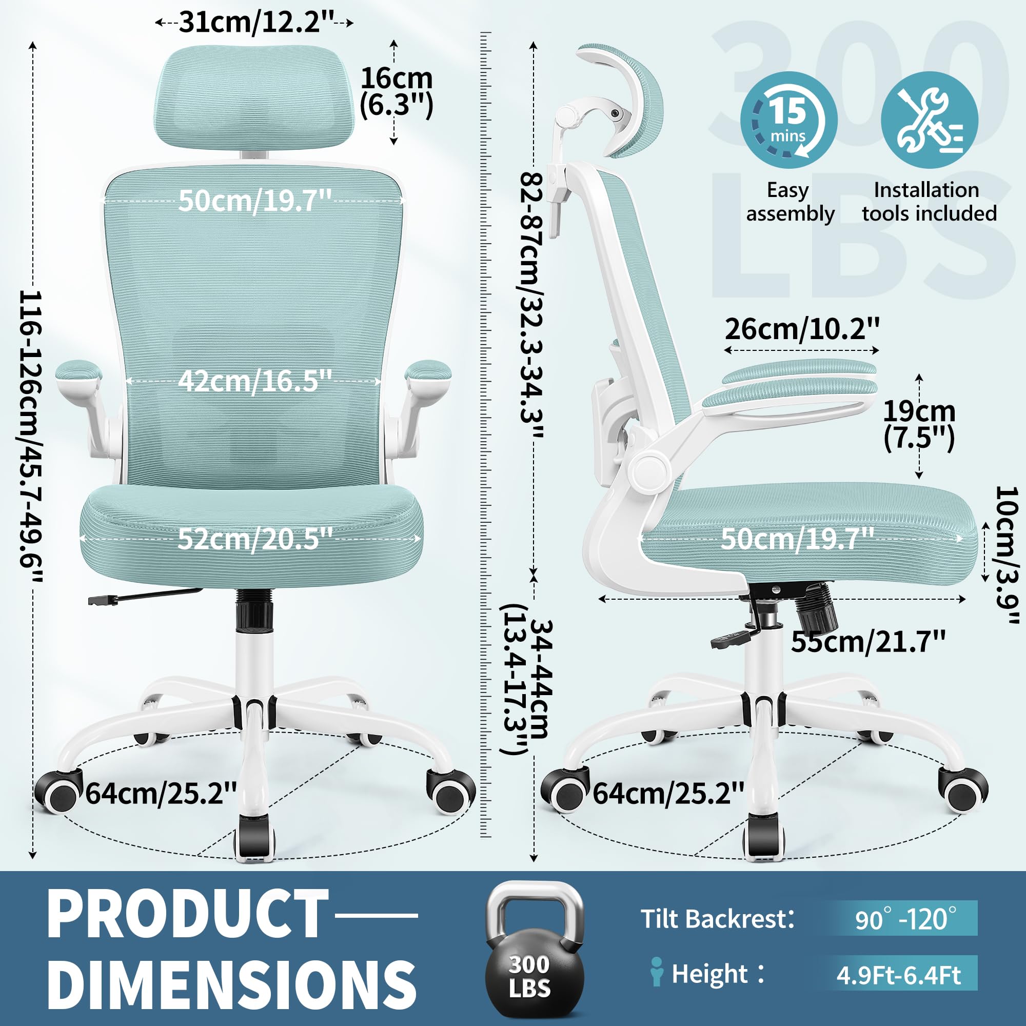 FelixKing Ergonomic Office Chair with Adjustable Lumbar Support & Headrest - High Back Swivel Task Chair for Home Office, Gaming & Work - Light Blue Adjustable Height Desk Chair with Armrests | Perfect for Long Work Hours, Online Meetings & PC Gaming Sessions