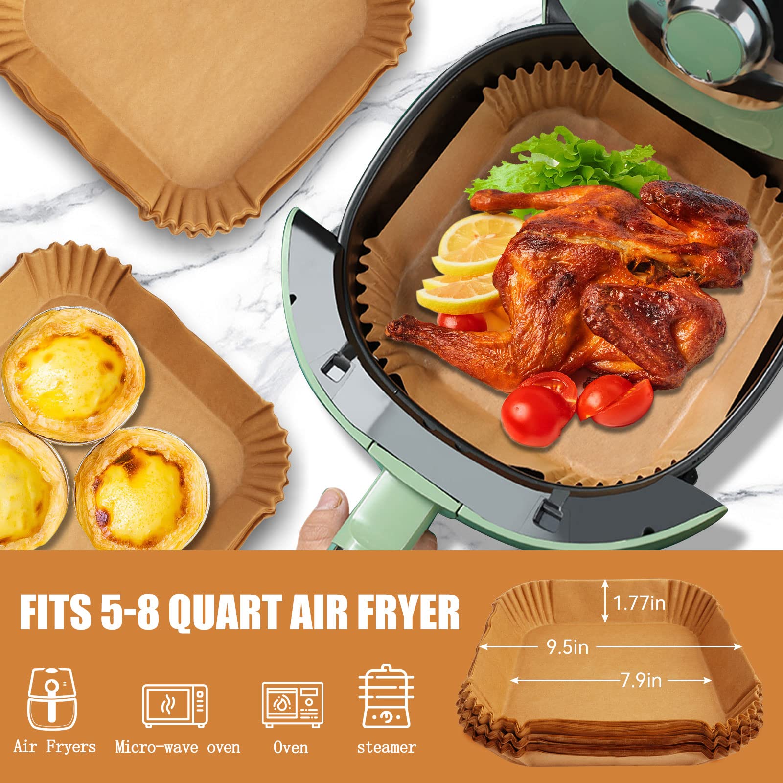 100-Count 7.9 Inch Air Fryer Square Parchment Liners - Disposable Non-Stick Oil-Resistant Baking Paper for Microwaves, Air Fryers & Frying Pans | Perfect for Healthy Cooking, Meal Prep & Easy Cleanup | Fits Most Air Fryer Baskets & Cooking Appliances